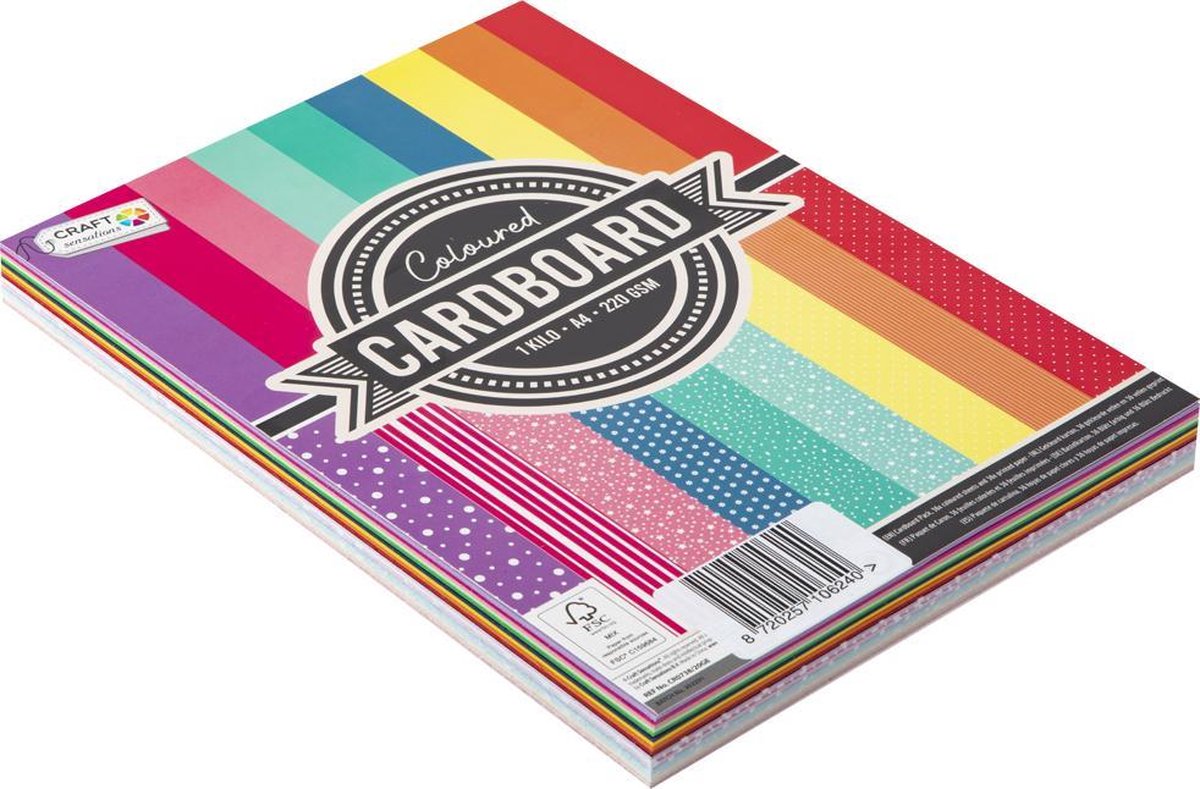 Craft Sensations kleurrijk A4 hobbykarton (1 kilo) - 220grams gekleurd papier - 72 vellen in 9 kleuren & patronen - geschikt voor printers en doe-het-zelf knutselen - voor hobby, knutselen, printen, school, decoratie & cadeaus
