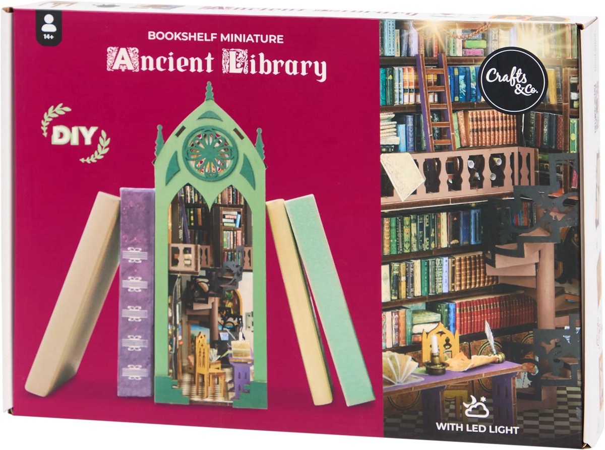 Boekensteun Bouwpakket Ancient Library - Miniatuur Bouwpakket - Boekensteun - DIY - Crafts&Co. - met LED verlichting - vanaf 14 jaar
