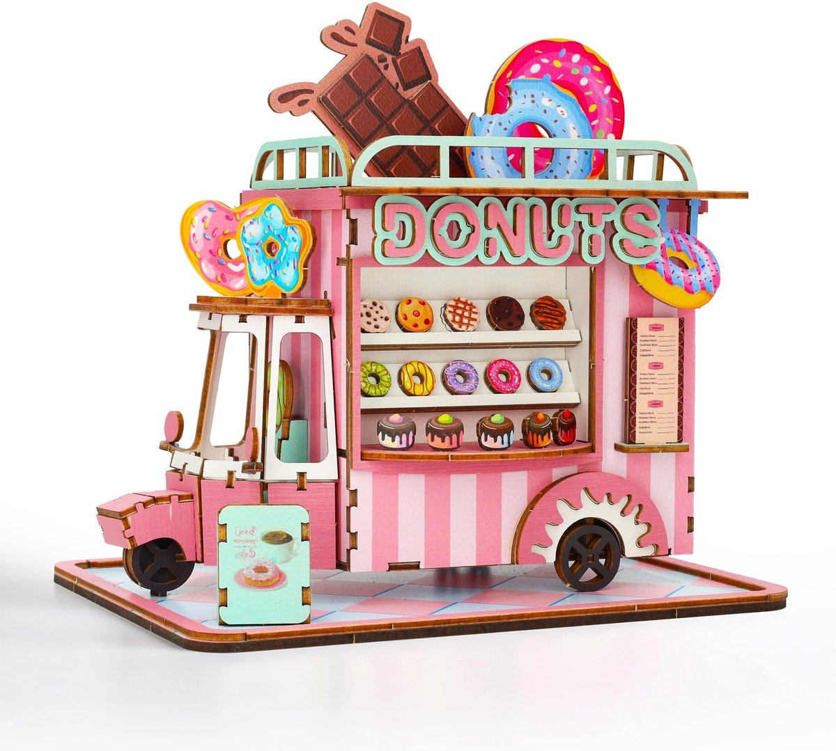 Crafts&Co Miniatuur Bouwpakket Donut Winkel - Houten 3D Puzzel voor Kinderen - Knutselen Meisjes - DIY Educatief Speelgoed - Montessori - Cadeau voor Meisjes en Jongens - 120 Stukjes - Vanaf 7 Jaar - Roze