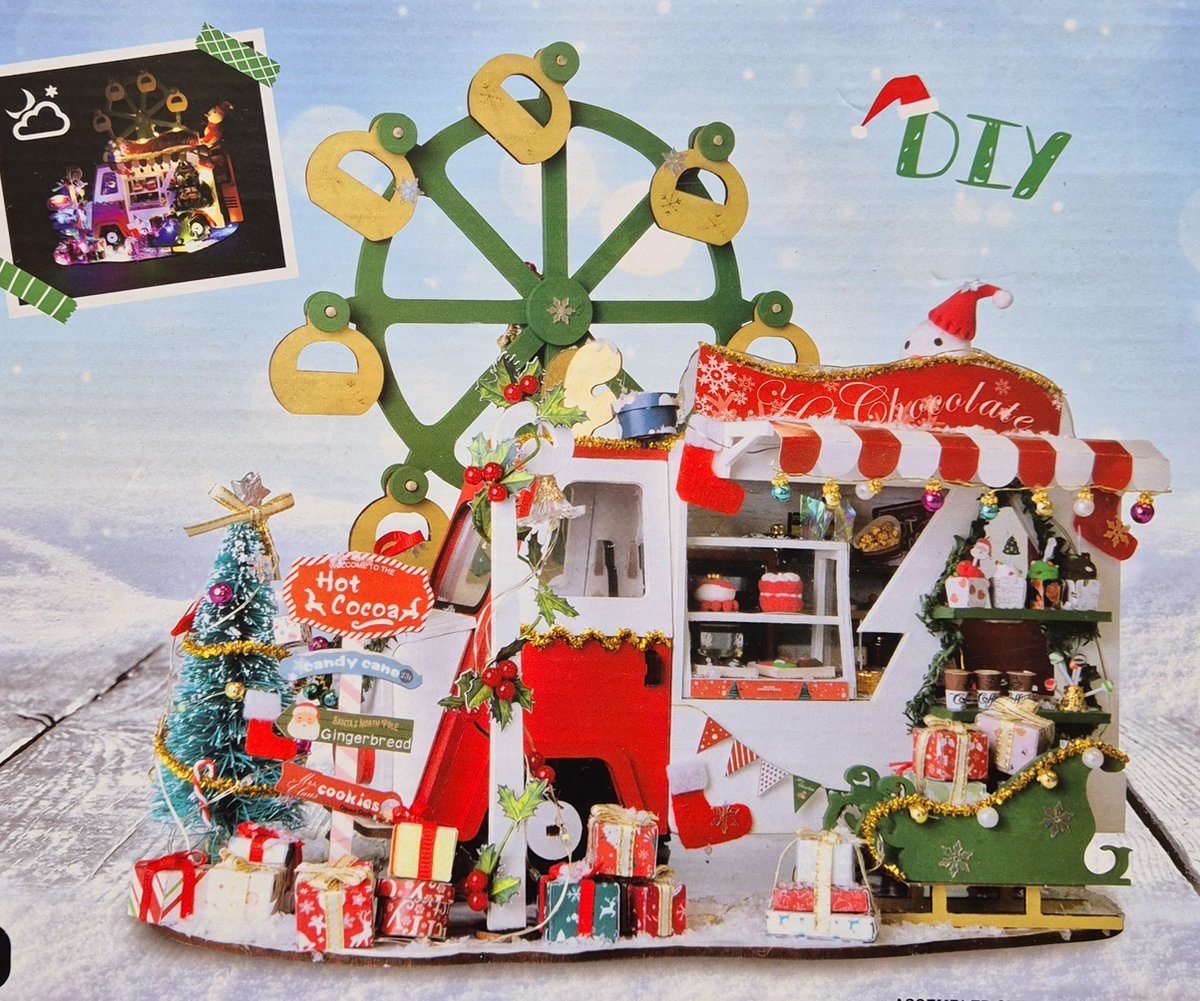 Crafts&Co Miniatuur om zelf te maken - Christmas Food Truck - DIY - met Led verlichting - Kerst - Knutselen - 25.8x19.9x24.8cm