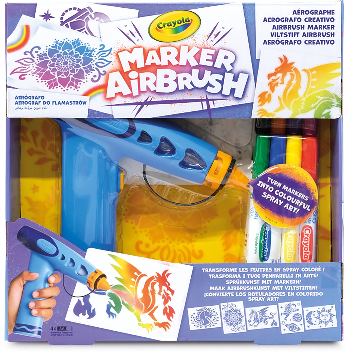 Crayola Marker Airbrush - Creatieve verfspuit voor kinderen met 8 uitwasbare stiften en 5 sjablonen - Educatief speelgoed voor kunstactiviteiten - vanaf 6 jaar