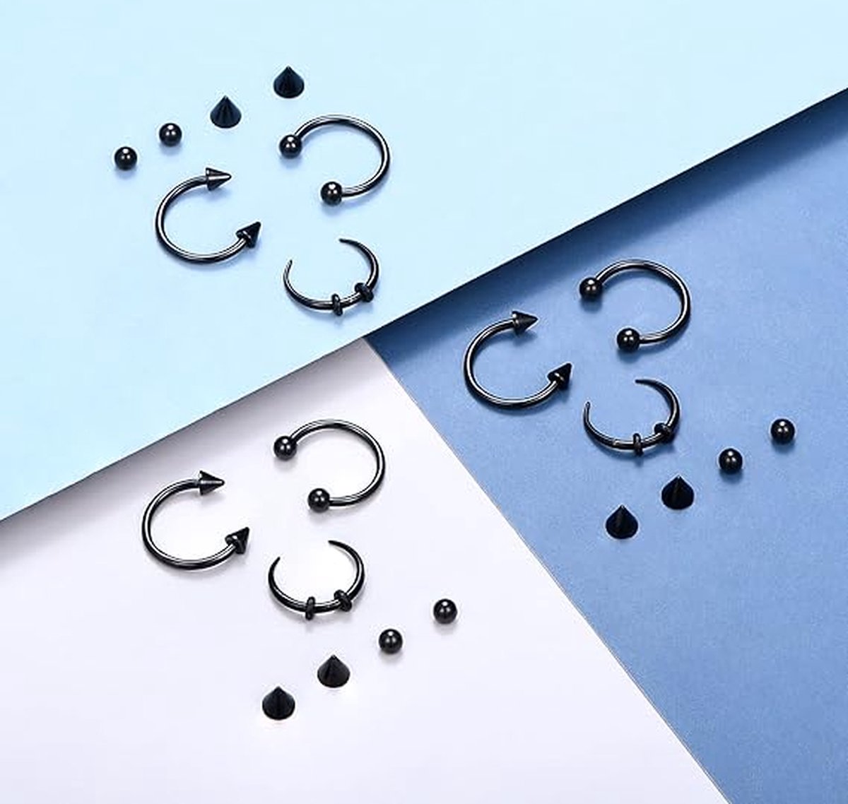 Hoefijzers voor piercings, septumringen, voor dames, 16G, 10 mm, roestvrij staal, septum-neusring, helixhoop, kraakbeenring, met reserveballetjes en spikes