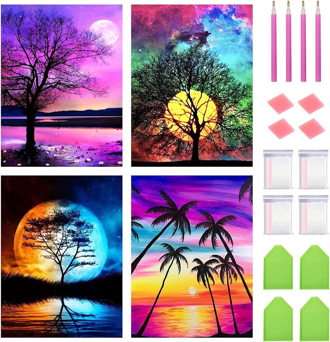 Creatime Diamond Painting Volwassenen - Diamond Painting Kinderen - Diamond Painting Pakket Volledig - Vier Stuks - 30x40cm