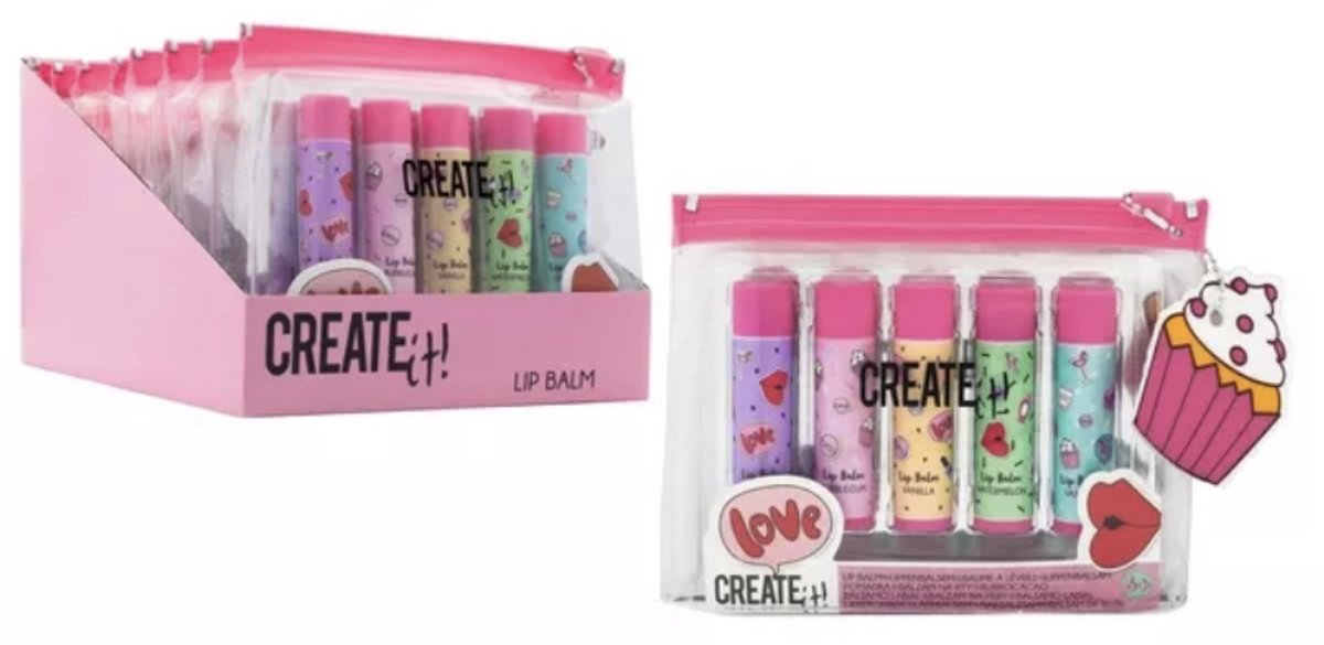 Create it - Lip Makeup - - 5 Lippenbalsem In Etui - Handig Mee Te Nemen - Voor Kinderen - Kinder Makeup - Cadeau - Kinderfeestje - Handige Etui