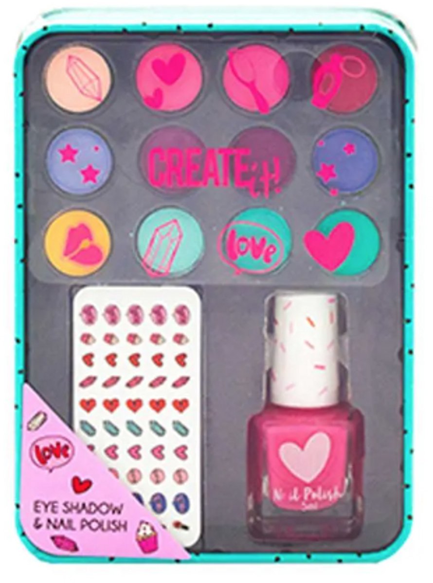 Create It! - Kinder make up - Nagellak - Nagelstickers - Oogschaduw - 12 kleuren - incl praktische metalen doos - Kinderen - Opmaken -