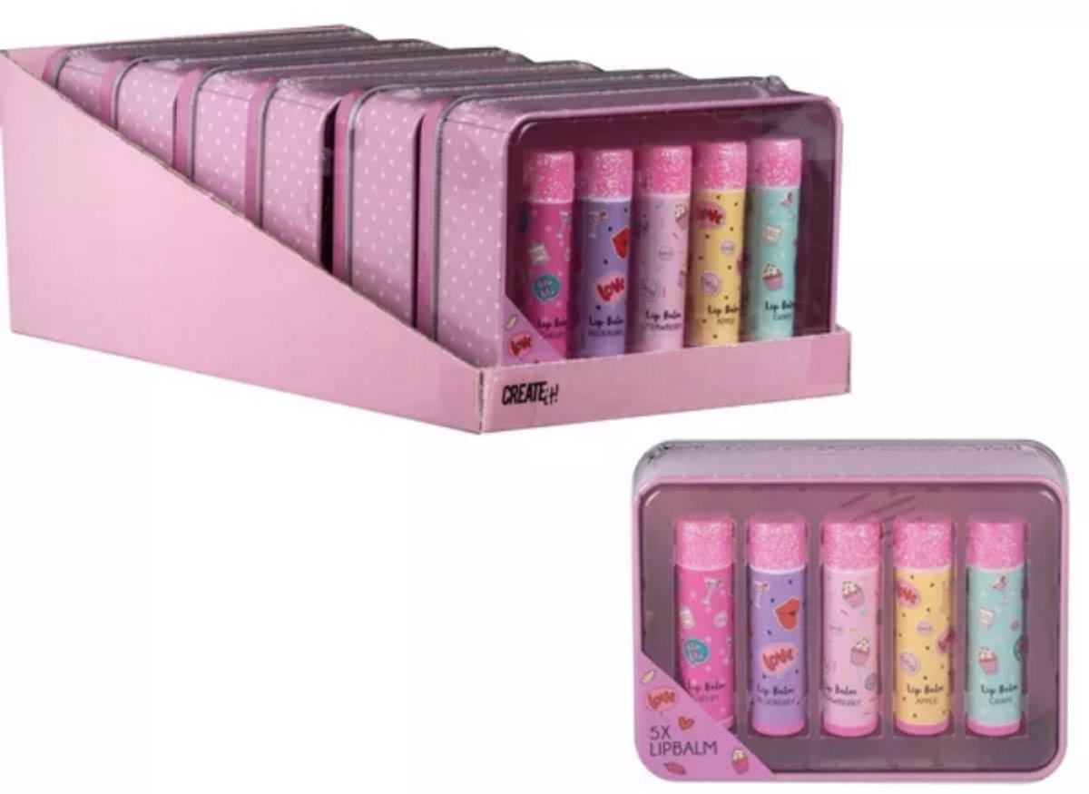 Create it - Lippenbalsem Set In Doosje - 5 Verschillende Geurende Lippenbalsem - Kinder Makeup - Voor Kinderen - Met Geuren - Cadeau - Vanaf 6 Jaar