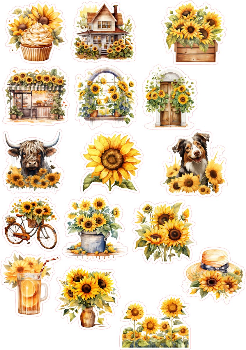 Bullet Journal Stickers - Planner Agenda Stickers - Zonnebloem stickers - 16 die cut stickers - bloemen stickers - Scrapbook stickers - Ephemera Deco stickers - volwassenen en kinderen