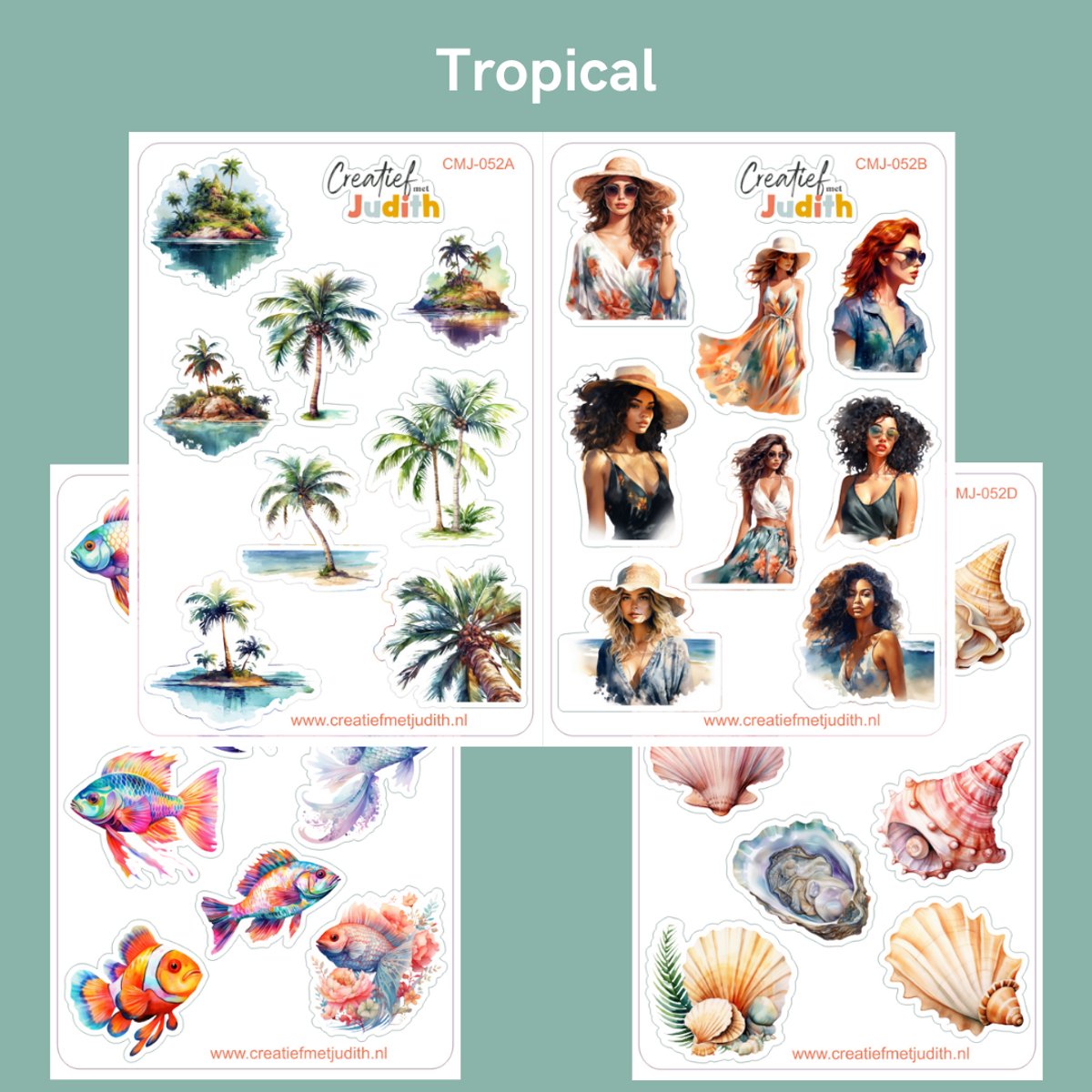 Bullet Journal Stickers - Planner Agenda Stickers - tropical stickers - 4 stickervellen - schelpen, vissen, palmboom - Scrapbook stickers - Deco stickers - zomer stickers - volwassenen en kinderen