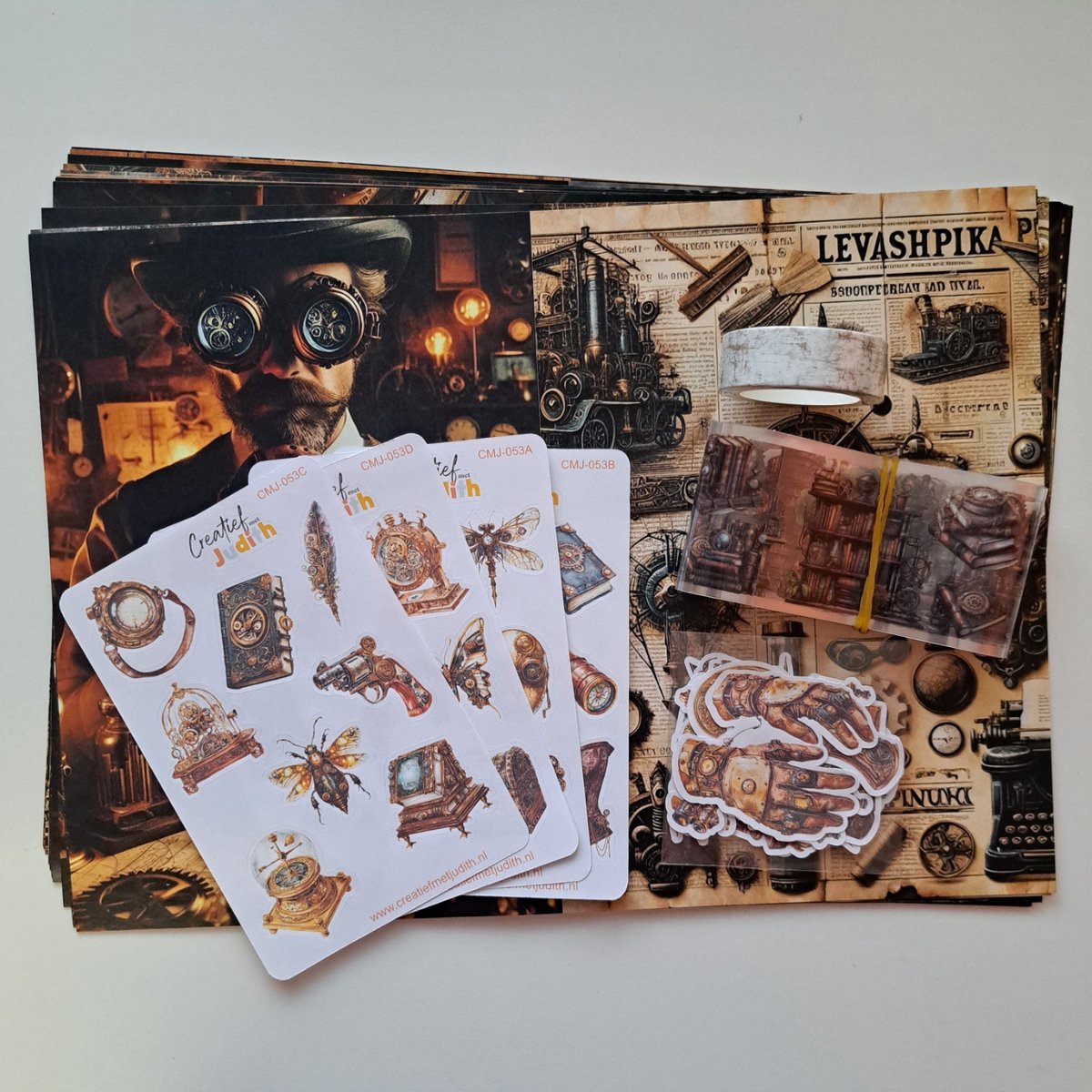 Steampunk journal set - stickers - papier - thema fantasy tandwiel - bullet journal stickers- washi tape - transparante stickers - scrapbook - knutsel bundel - hobbypakket - volwassenen en kinderen