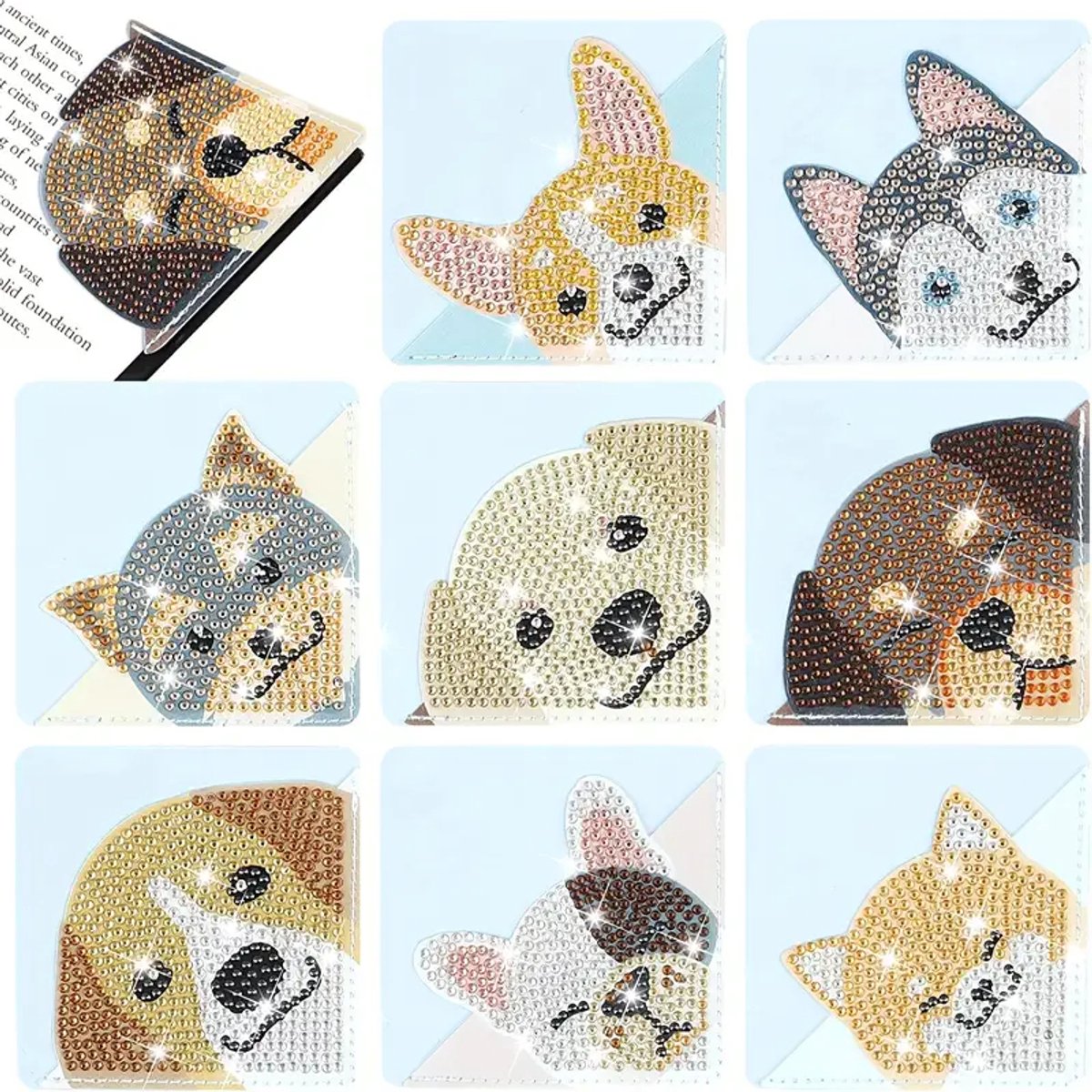Diamond painting - boekenlegger - honden - 8 stuks - ronde steentjes - volledig te beplakken