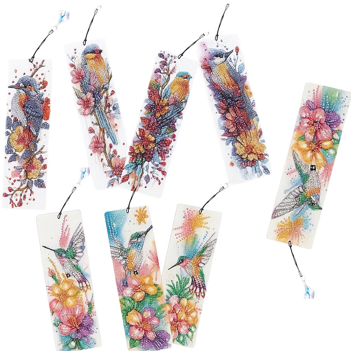 Diamond painting - boekenleggers - vogels - 8 stuks - ronde steentjes