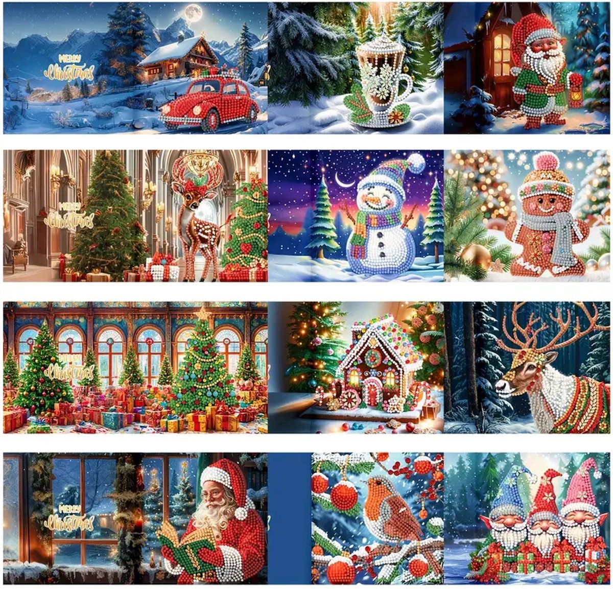 Diamond painting - kerstkaarten - 12 stuks - ronde steentjes