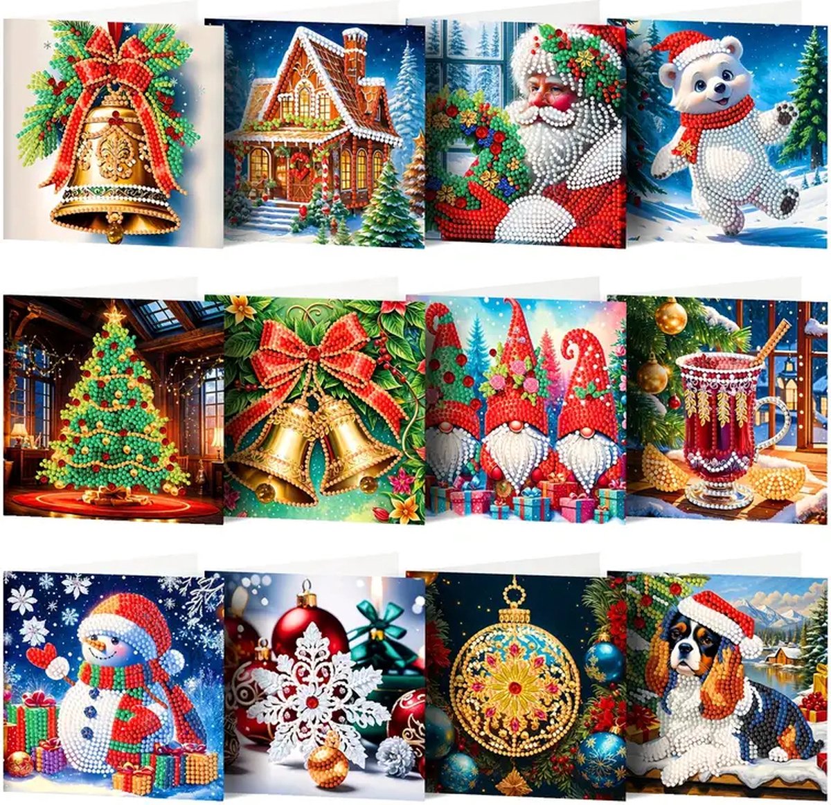 Diamond painting - kerstkaarten - 12 stuks - ronde steentjes