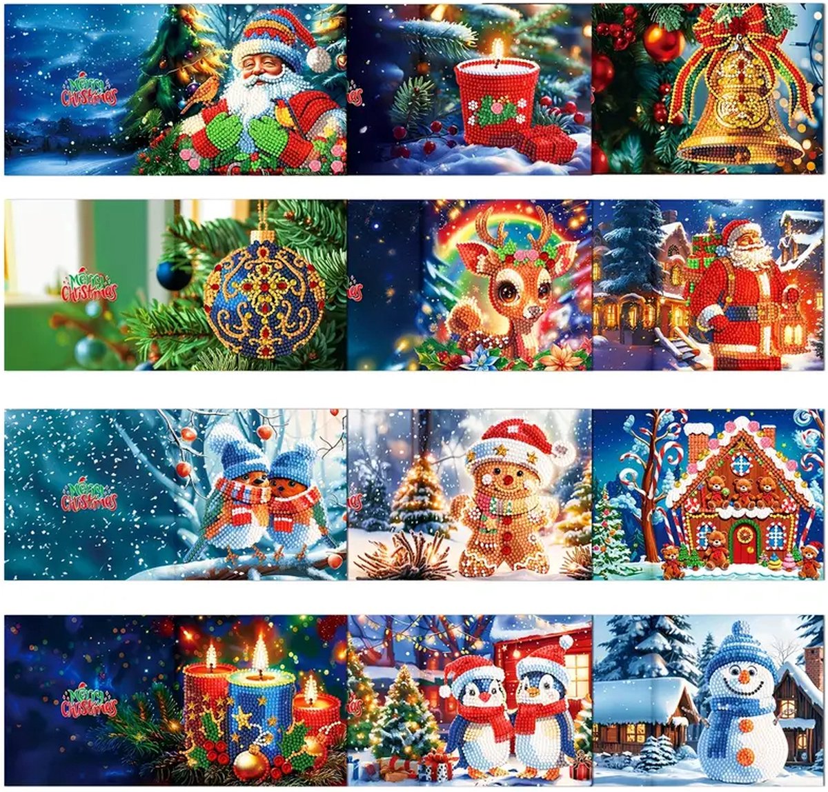 Diamond painting - kerstkaarten - 12 stuks - ronde steentjes
