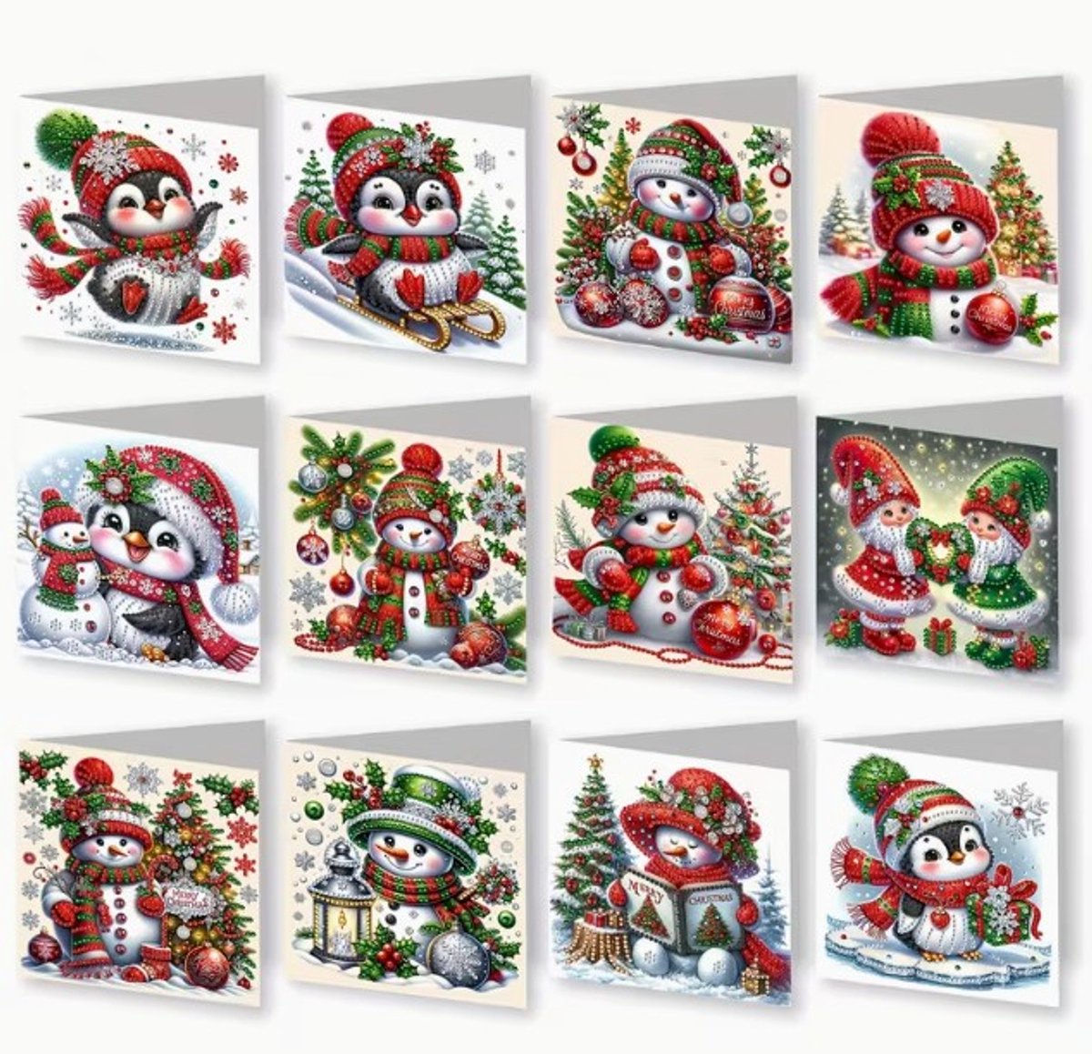 Diamond painting - kerstkaarten - pinquin - sneeuwpop - 12 stuks - ronde steentjes