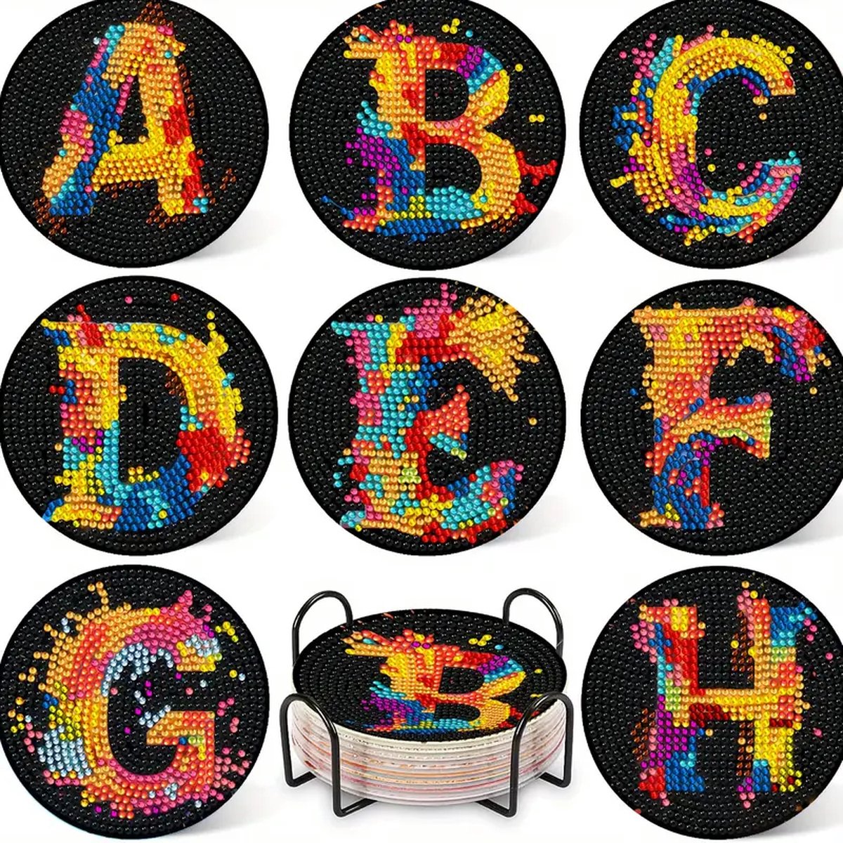 Diamond painting - onderzetters - alfabet - 8 stuks - ronde steentjes - volledig te beplakken
