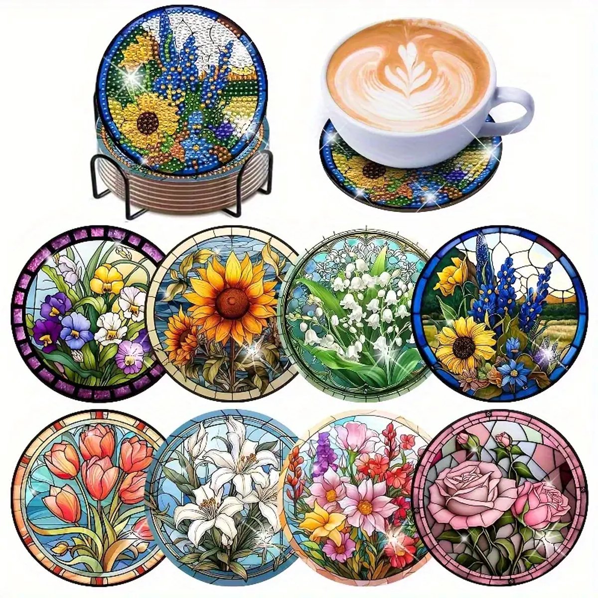 Diamond painting - onderzetters - bloemen - zonnebloemen - tulpen - rozen - 8 stuks - ronde steentjes - volledig te beplakken
