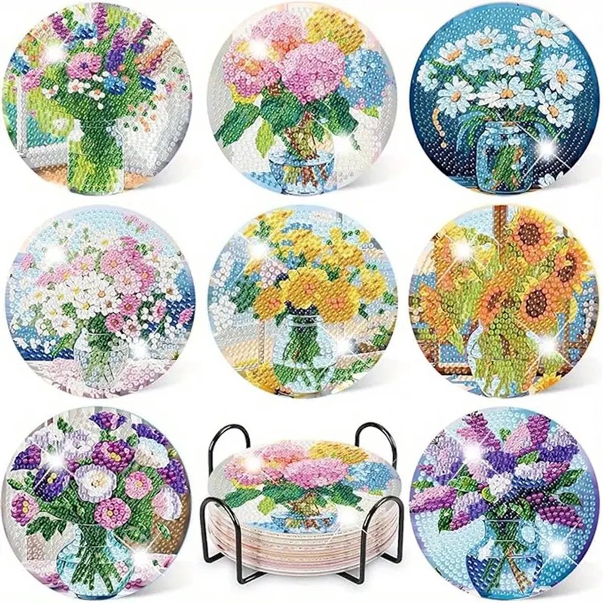 Diamond painting - onderzetters - bloemen in vaas -8 stuks - ronde steentjes - volledig te beplakken