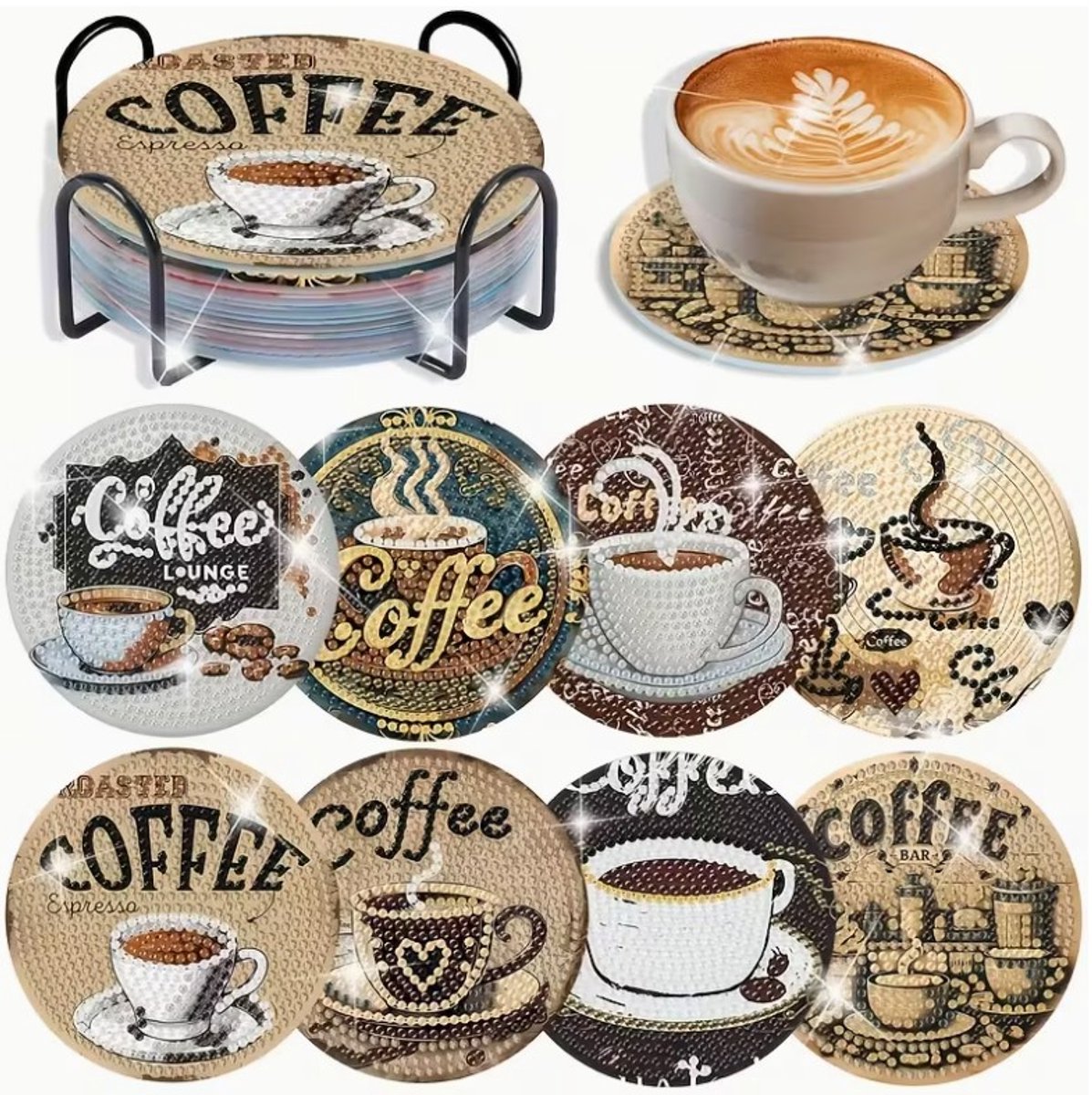 Diamond painting - onderzetters - coffee - 8 stuks - ronde steentjes - volledig te beplakken