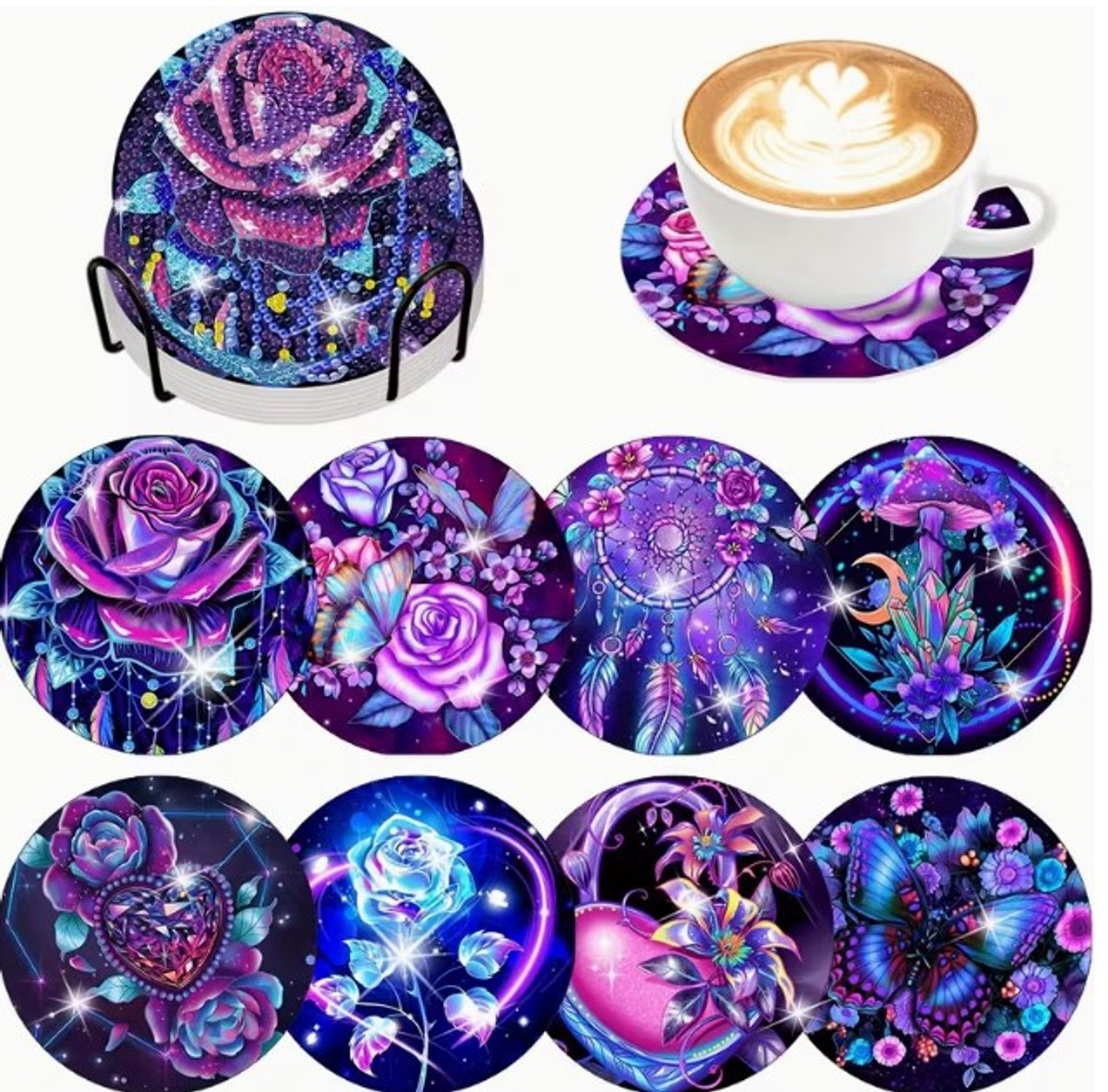 Diamond painting - onderzetters - glow in the dark - paars - rozen - 8 stuks - ronde steentjes - volledig te beplakken