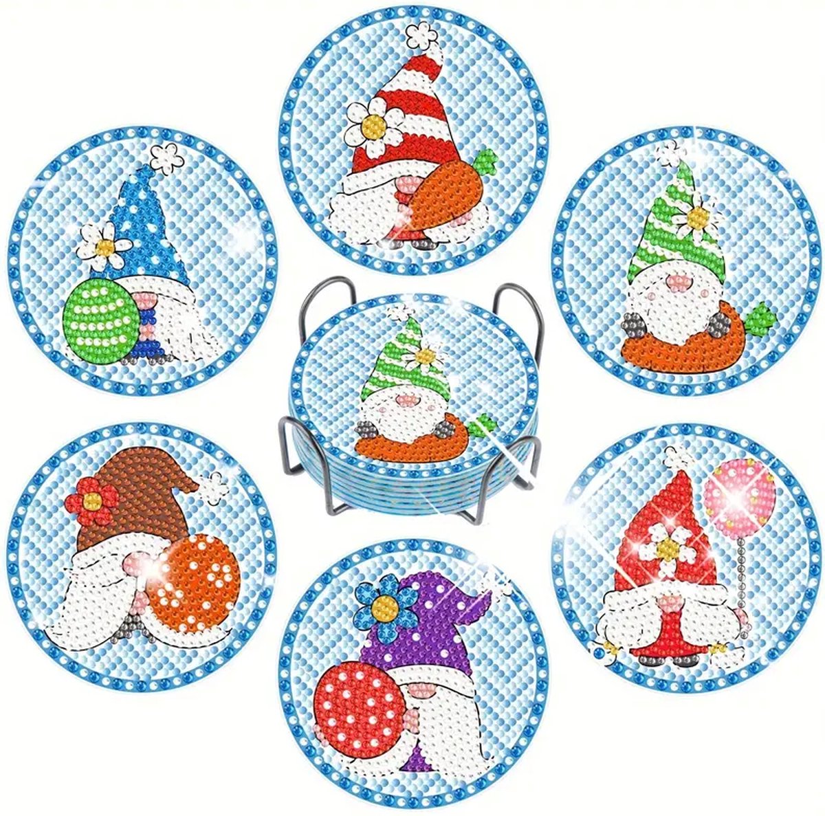 Diamond painting - onderzetters - gnoom - 6 stuks - 10x10cm - ronde steentjes - volledig te beplakken