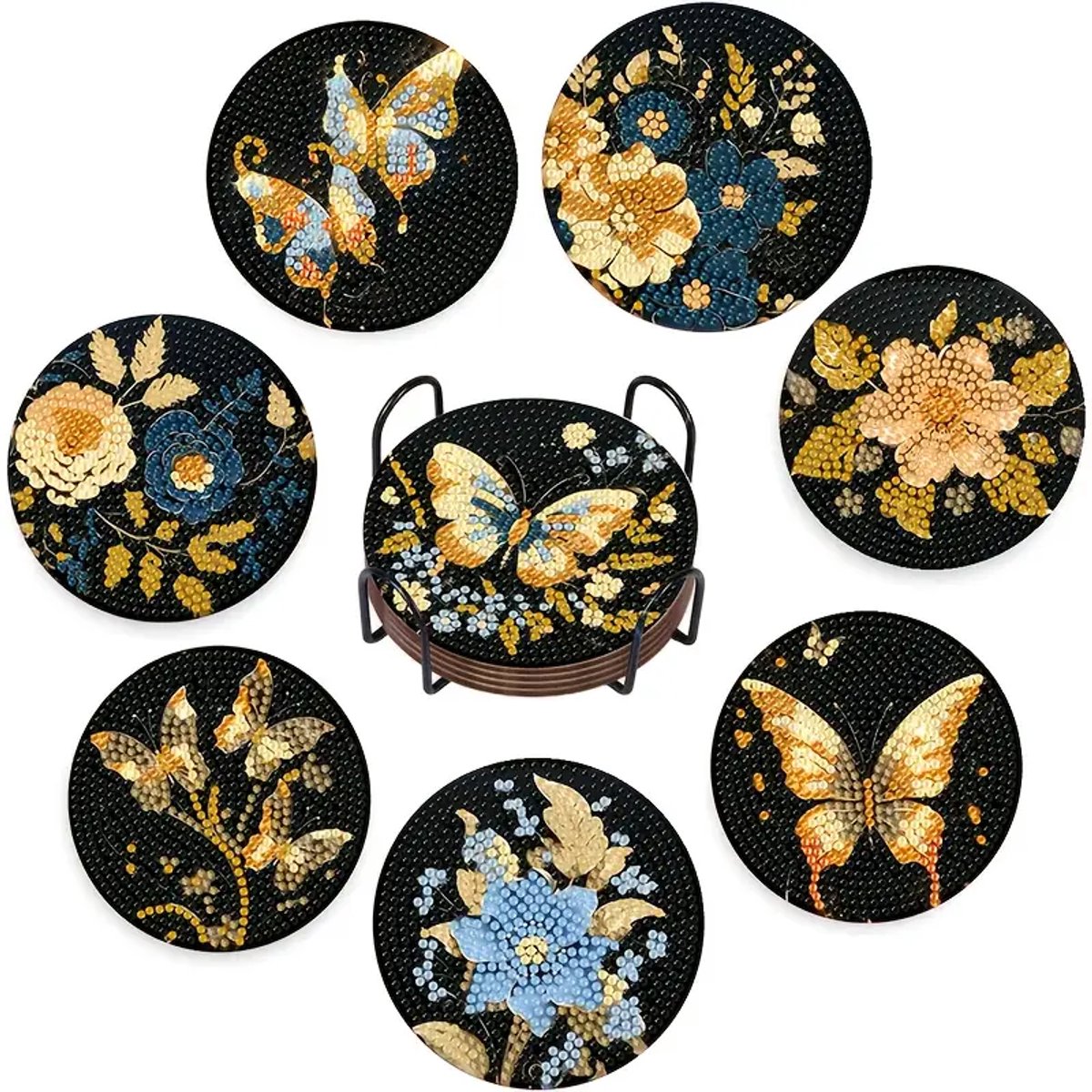 Diamond painting - onderzetters - gouden vlinders - 8 stuks - ronde steentjes - volledig te beplakken