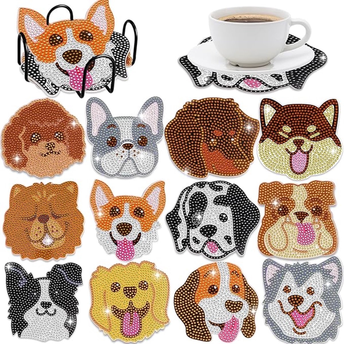 Diamond painting - onderzetters - honden - 12 stuks - ronde steentjes - volledig te beplakken