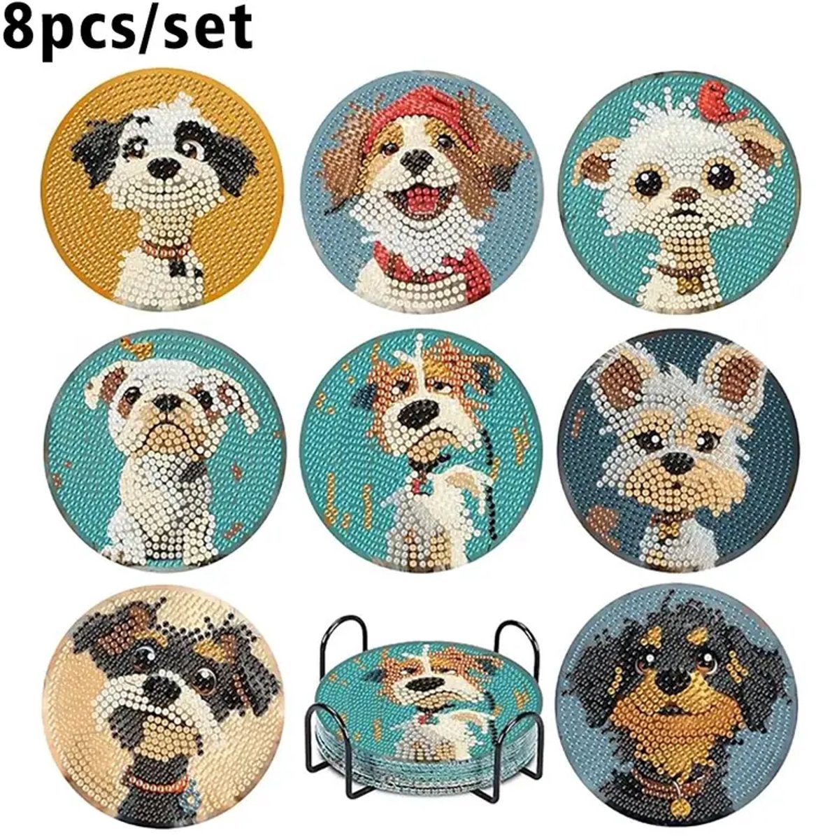 Diamond painting - onderzetters - honden - 8 stuks - ronde steentjes - volledig te beplakken