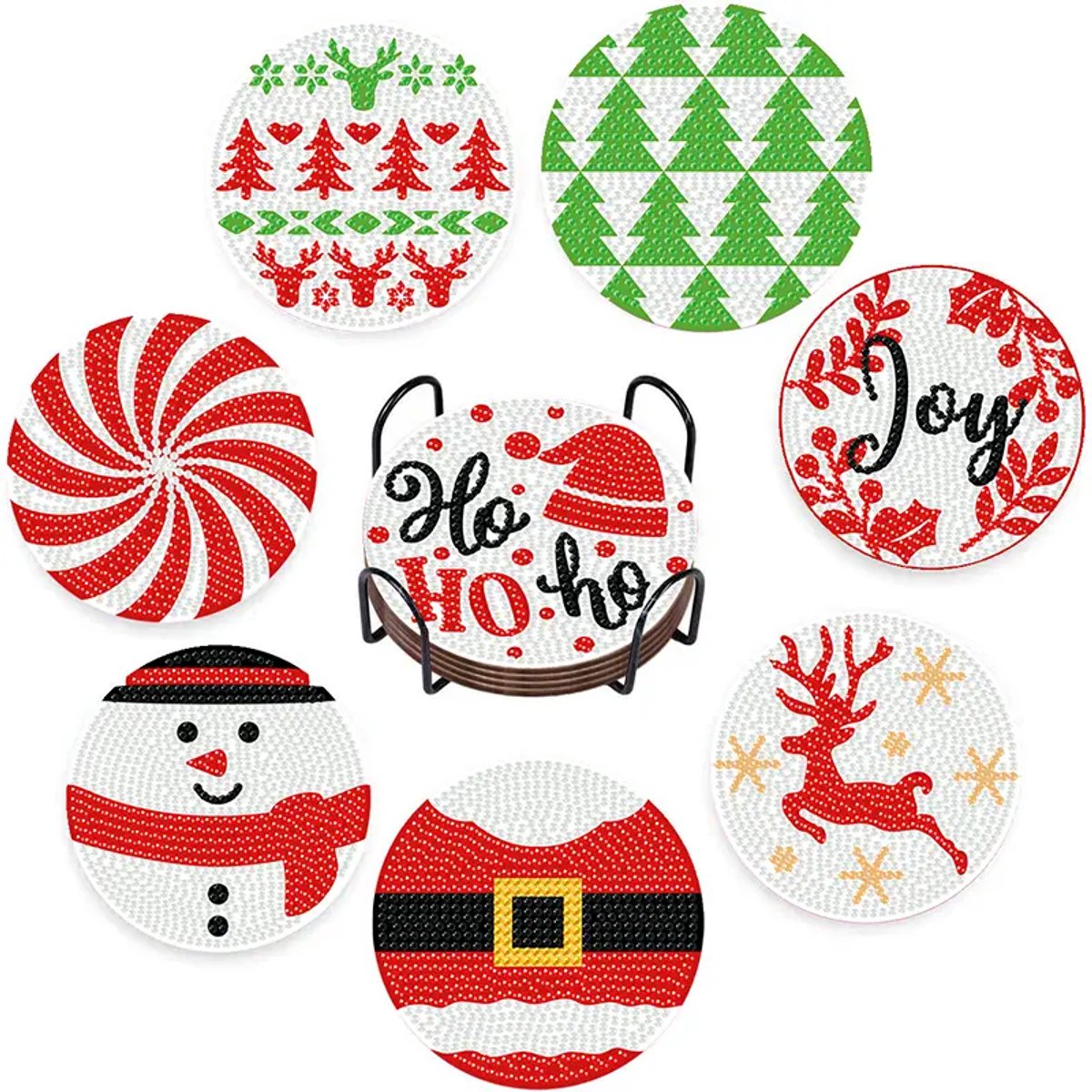 Diamond painting - onderzetters - kerst - 8 stuks - 10x10cm - ronde steentjes - volledig te beplakken
