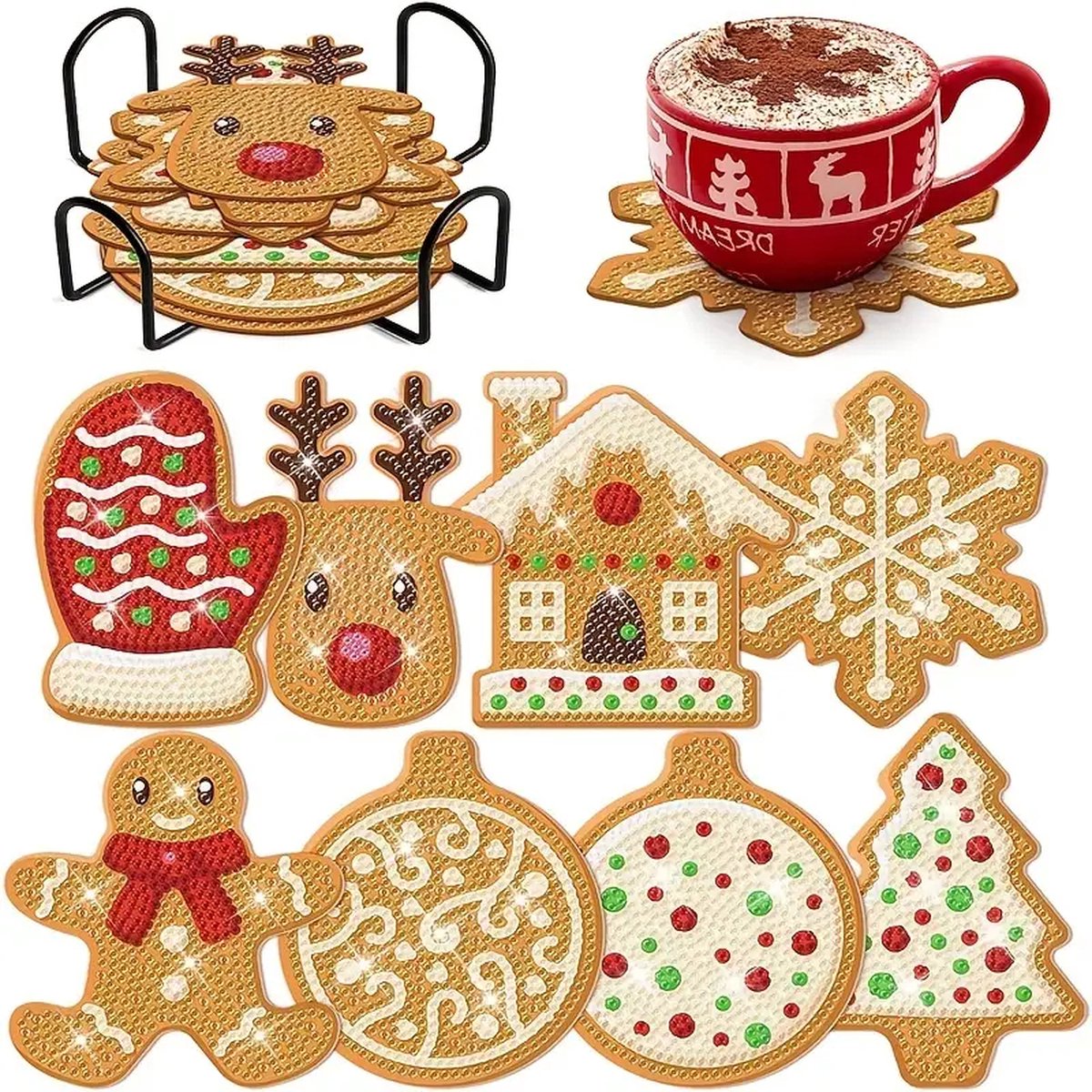 Diamond painting - onderzetters - kerst - 8 stuks - ronde steentjes - volledig te beplakken