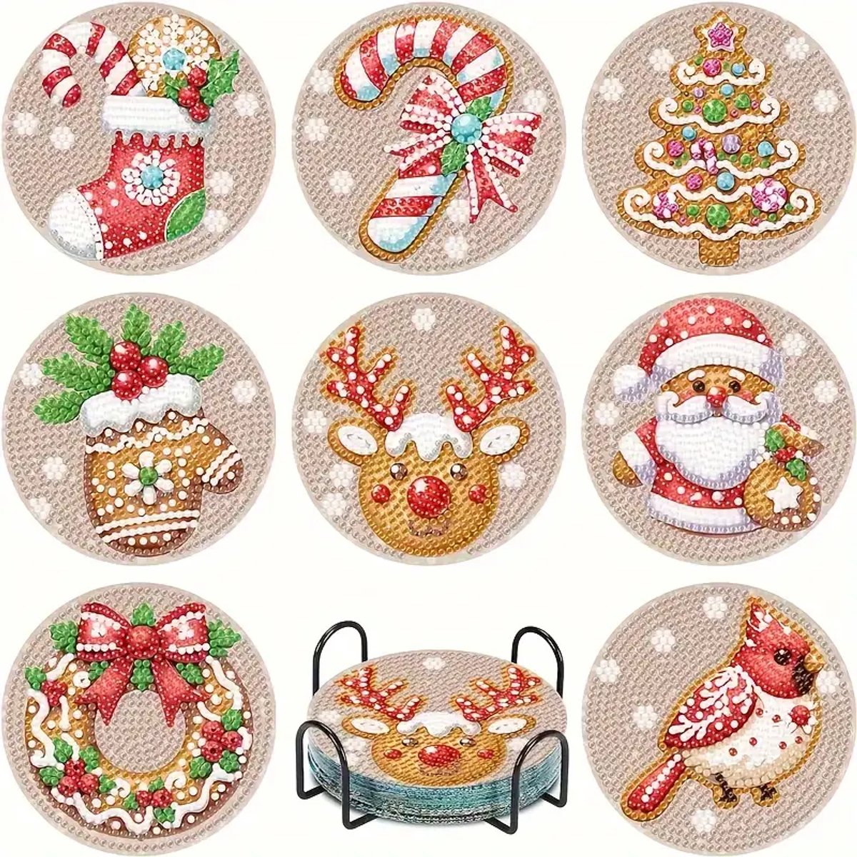 Diamond painting - onderzetters - kerst - rendier - kerstboom - 8 stuks - ronde steentjes - volledig te beplakken