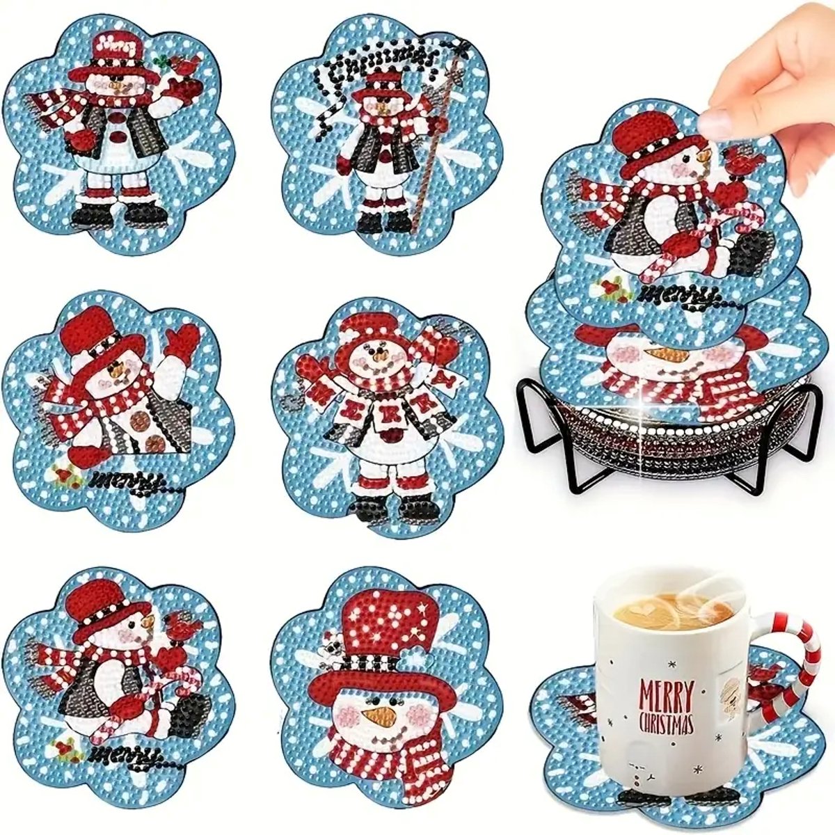 Diamond painting - onderzetters - kerst - sneeuwpop - 6 stuks - ronde steentjes - volledig te veplakken