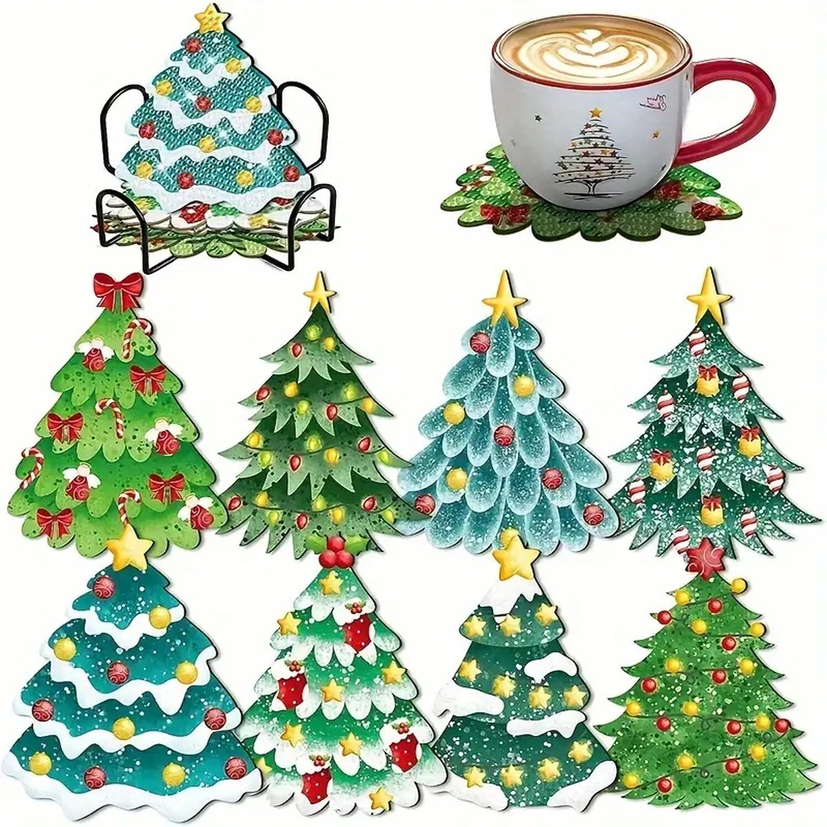 Diamond painting - onderzetters - kerstboom - 8 stuks - ronde steentjes - volledig te beplakken