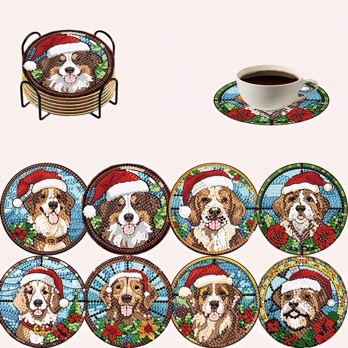 Diamond painting - onderzetters - kersthonden - 8 stuks - ronde steentjes - volledig te beplakken