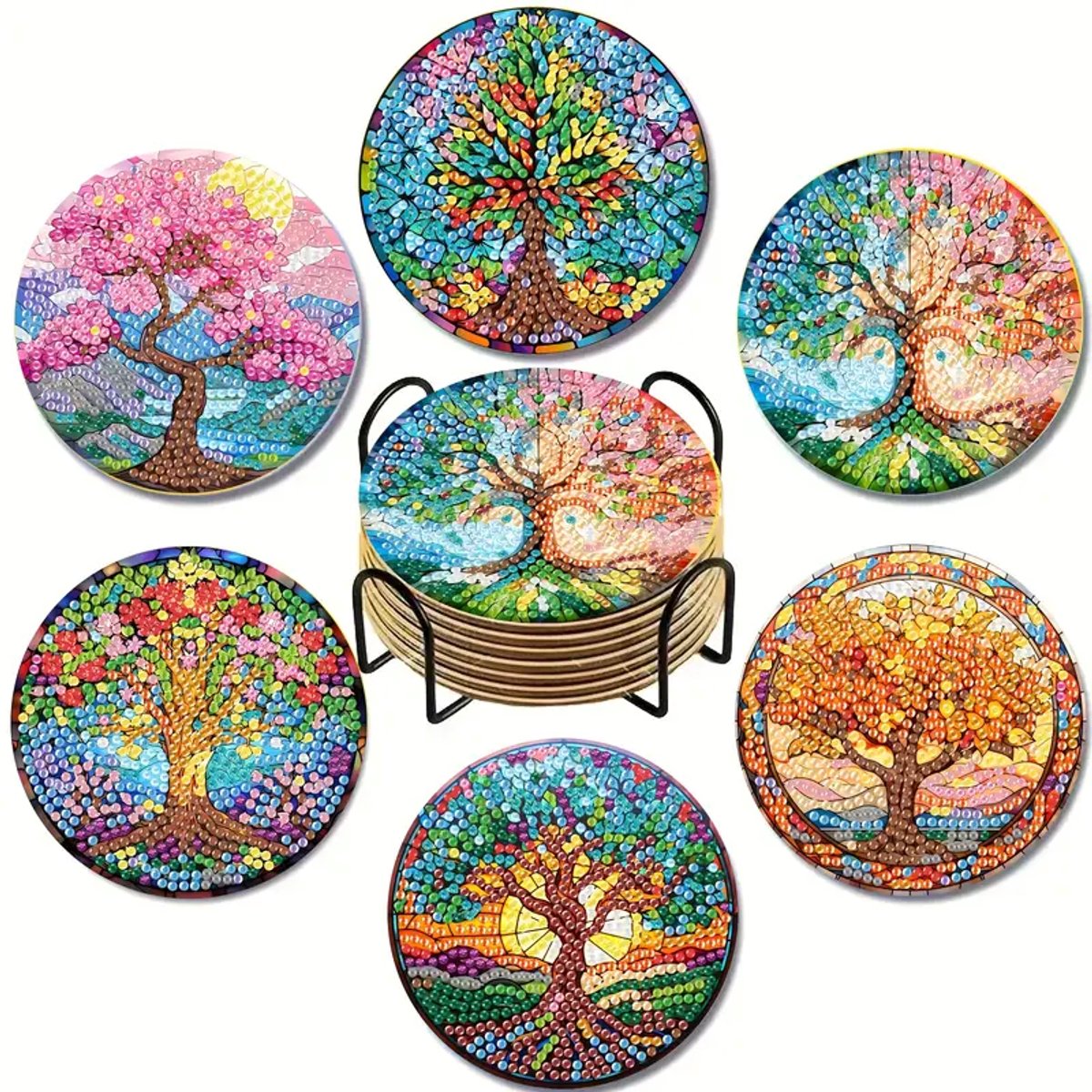 Diamond painting - onderzetters - kleurrijke bomen - 6 stuks - 10x10cm - ronde steentjes - volledig te beplakken