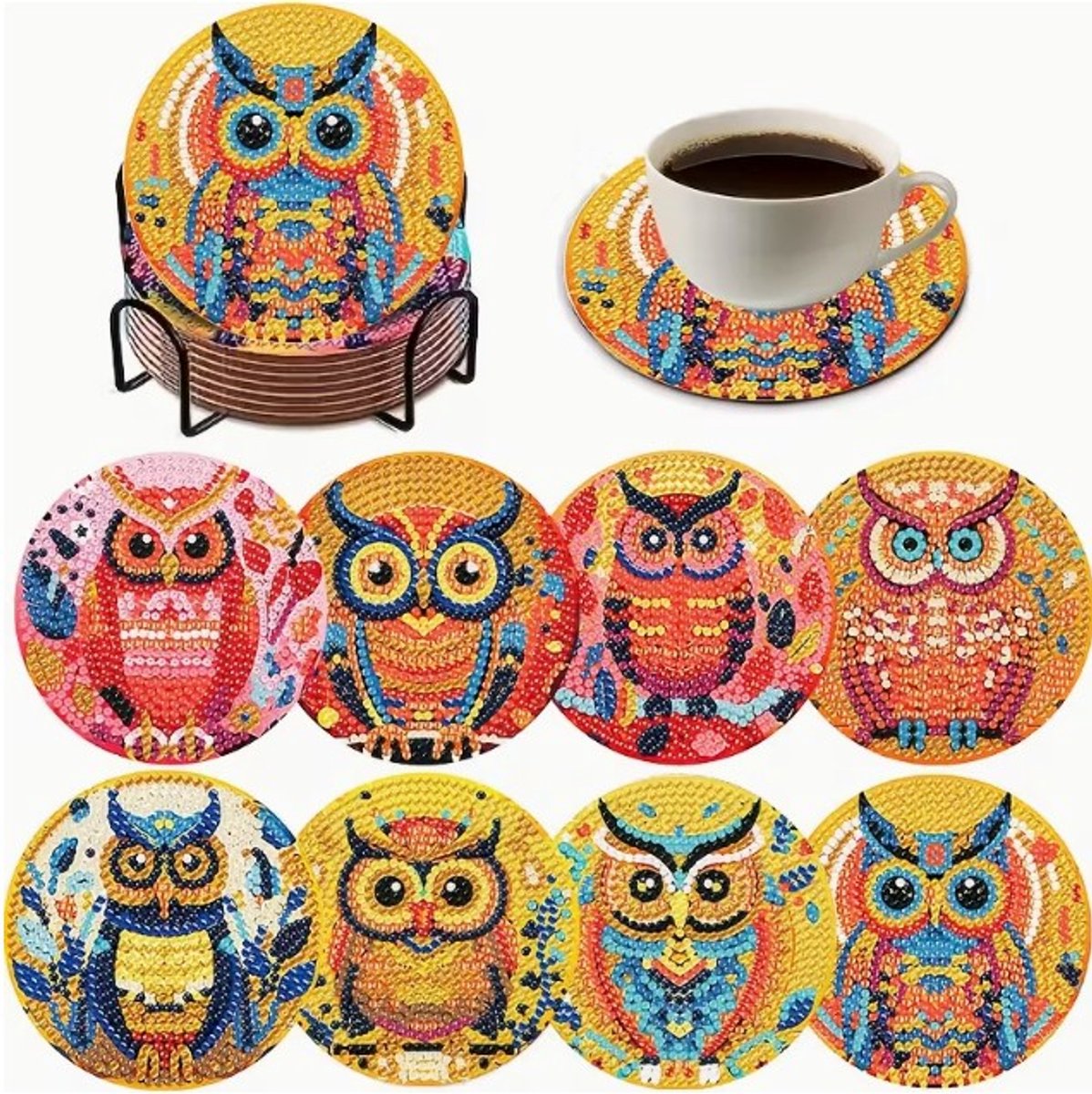 Diamond painting - onderzetters - kleurrijke uilen - 8 stuks - ronde steentjes - volledig te beplakken