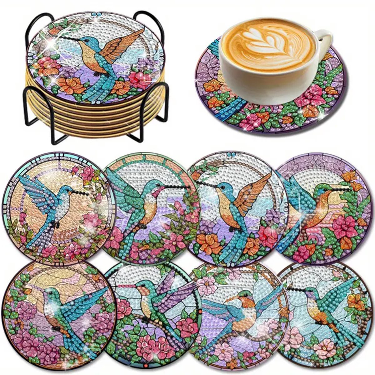 Diamond painting - onderzetters - kolibrie - 8 stuks - ronde steentjes - volledig te beplakken