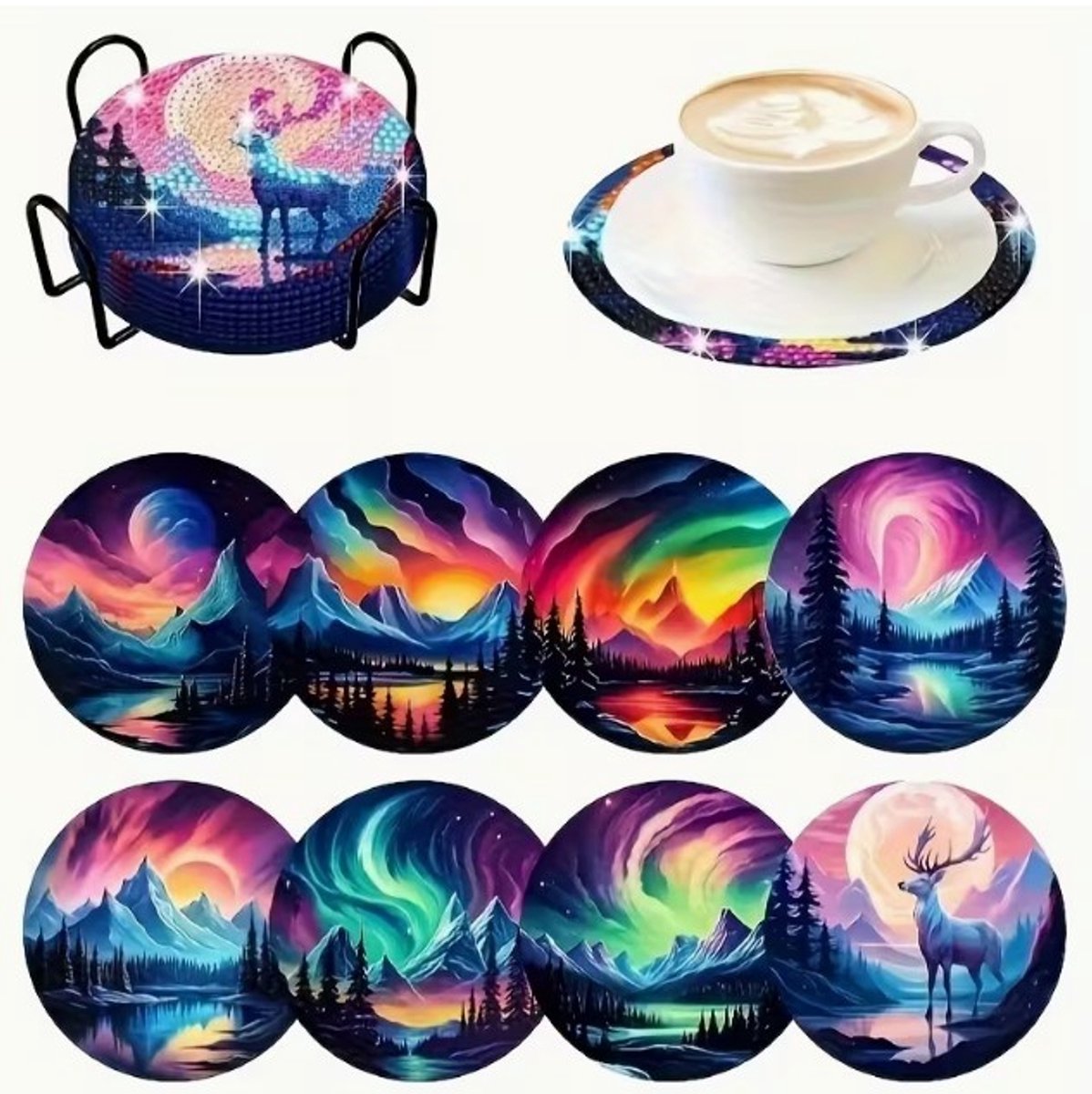 Diamond painting - onderzetters - noorderlicht - 8 stuks - ronde steentjes - volledig te beplakken