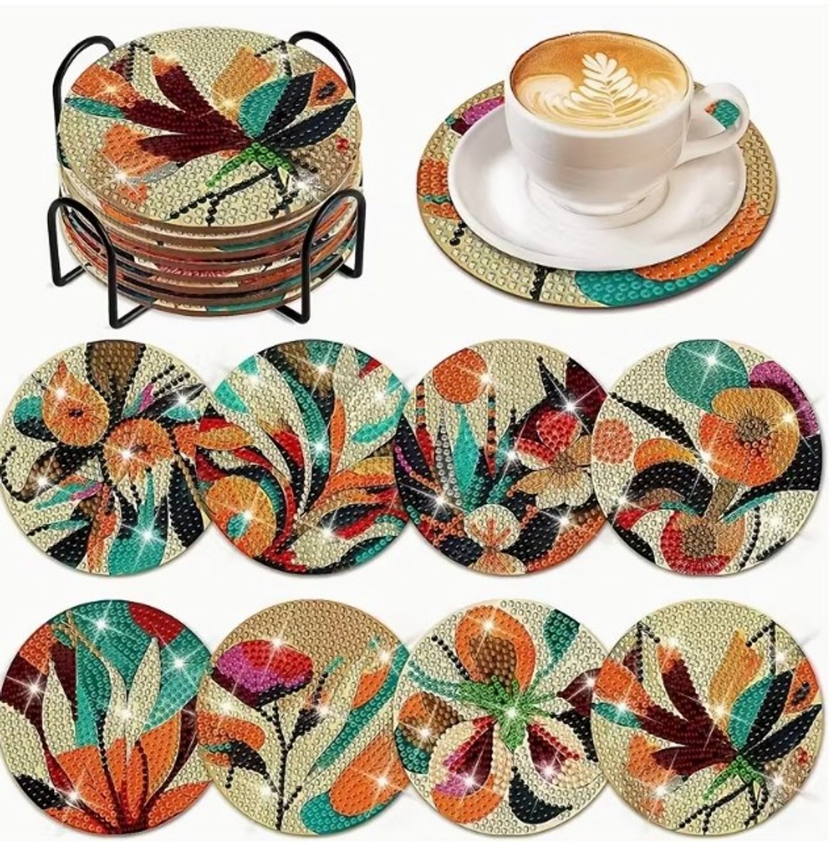 Diamond painting - onderzetters - planten - 8 stuks - ronde steentjes - volledig te beplakken