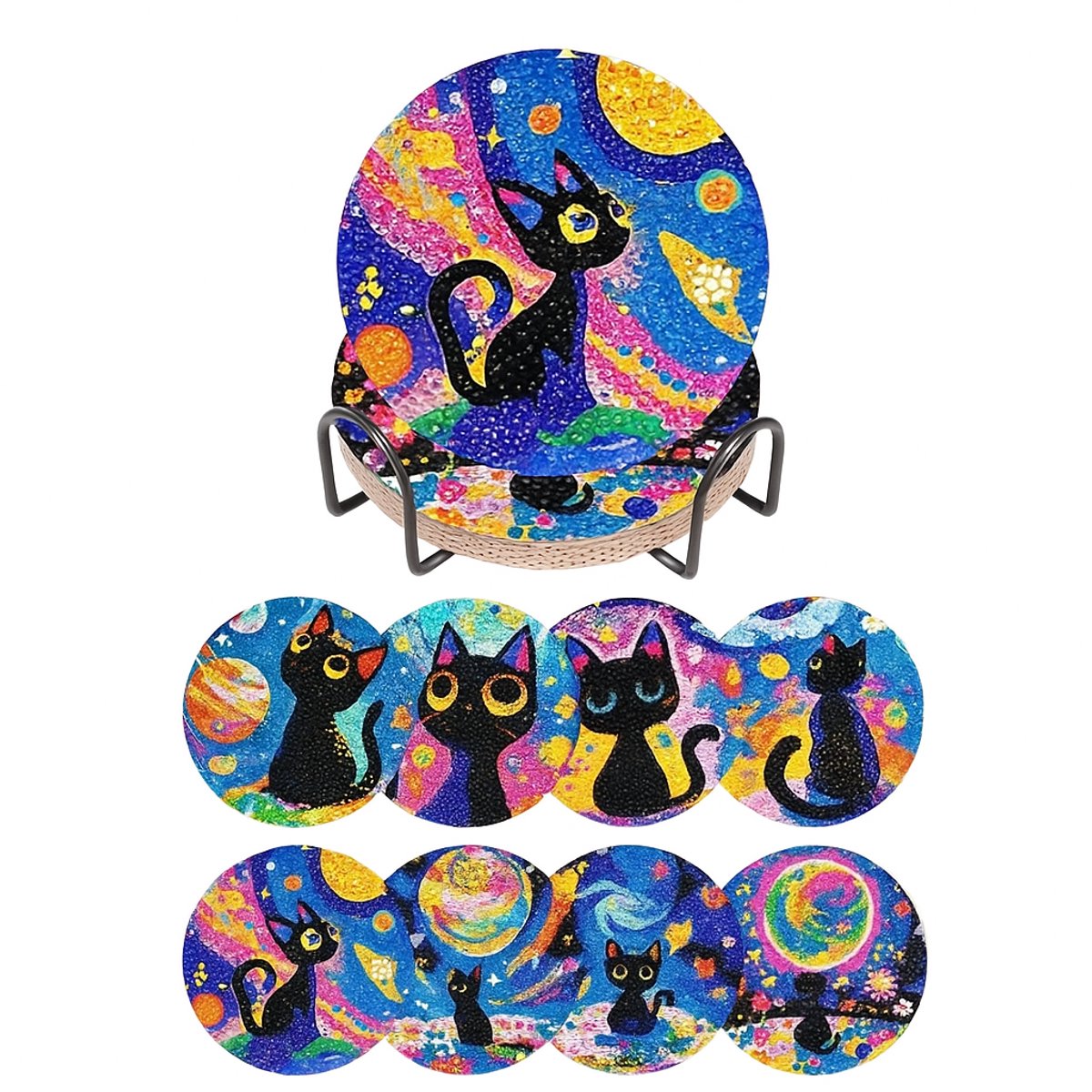Diamond painting - onderzetters - poes in de nacht - 8 stuks - ronde steentjes - volledig te beplakken