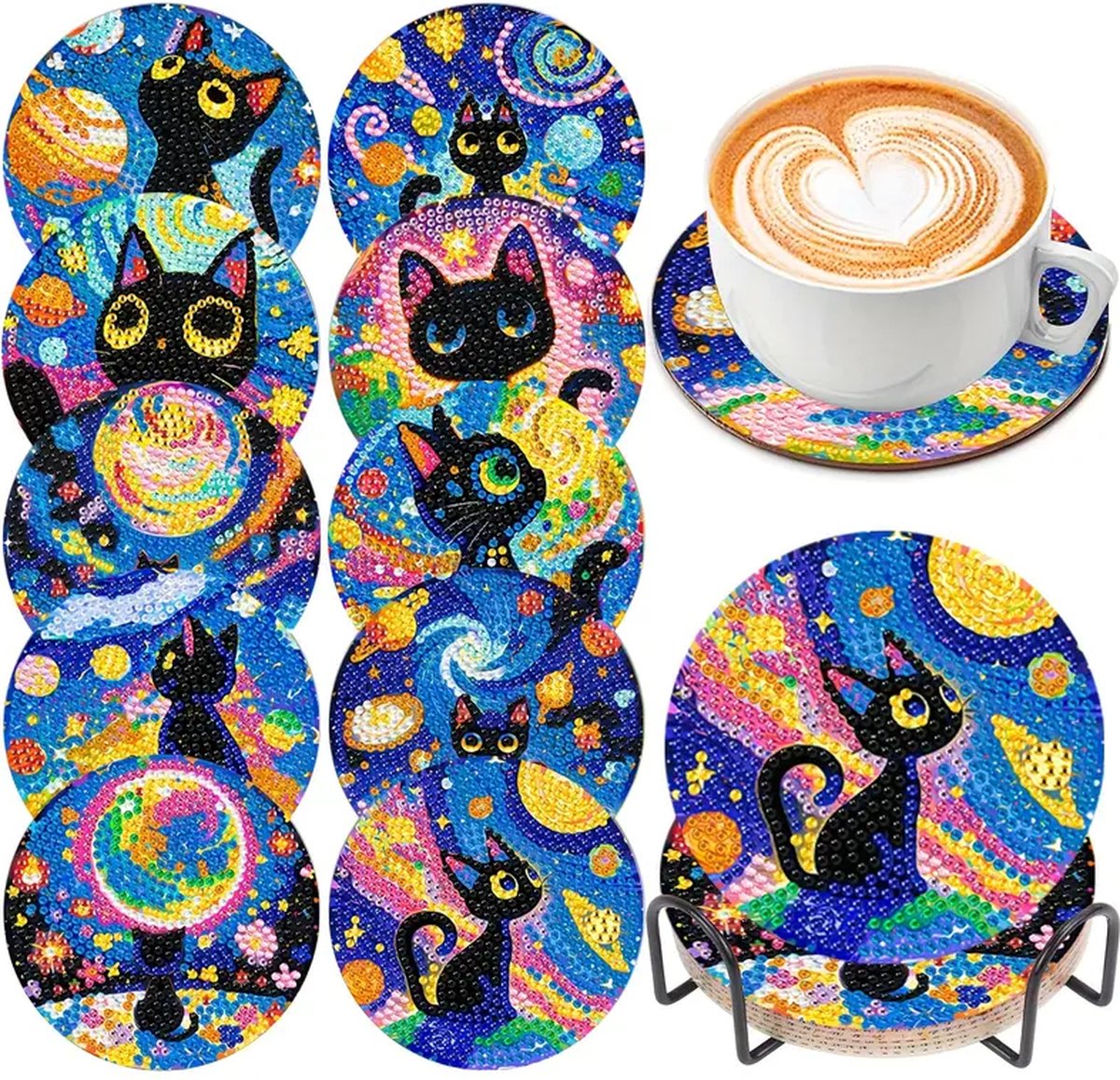 Diamond painting - onderzetters - poezen - 10 stuks - 10x10cm - ronde steentjes - volledig te beplakken