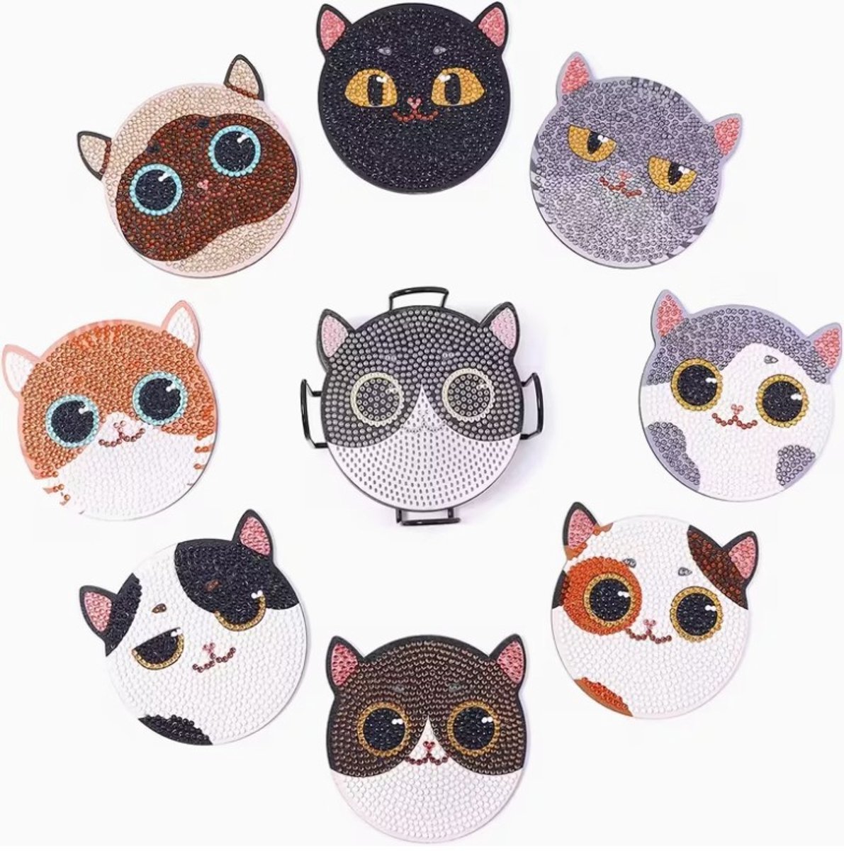 Diamond painting - onderzetters - poezen - 8 stuks - 10x10cm - ronde steentjes - volledig te beplakken