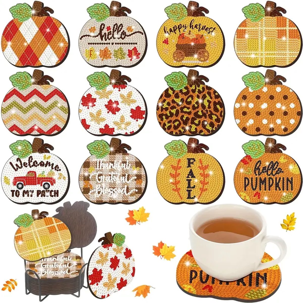 Diamond painting - onderzetters - pompoenen - herfst - 12 stuks - ronde steentjes - volledig te beplakken