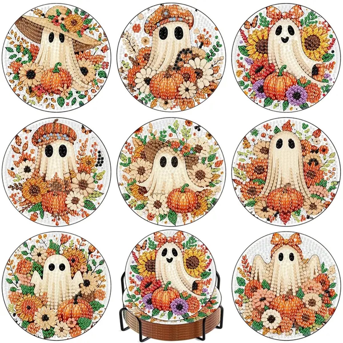 Diamond painting - onderzetters - pompoenen - spookje - herfst - 8 stuks - ronde steentjes - volledig te beplakken