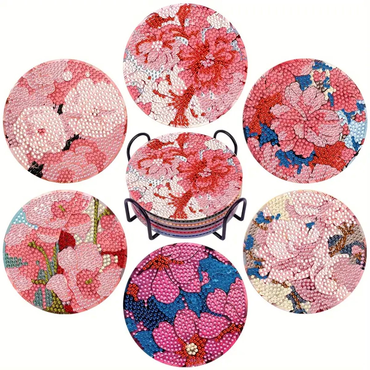 Diamond painting - onderzetters - roze bloemen - 6 stuks - ronde steentjes - volledig te beplakken