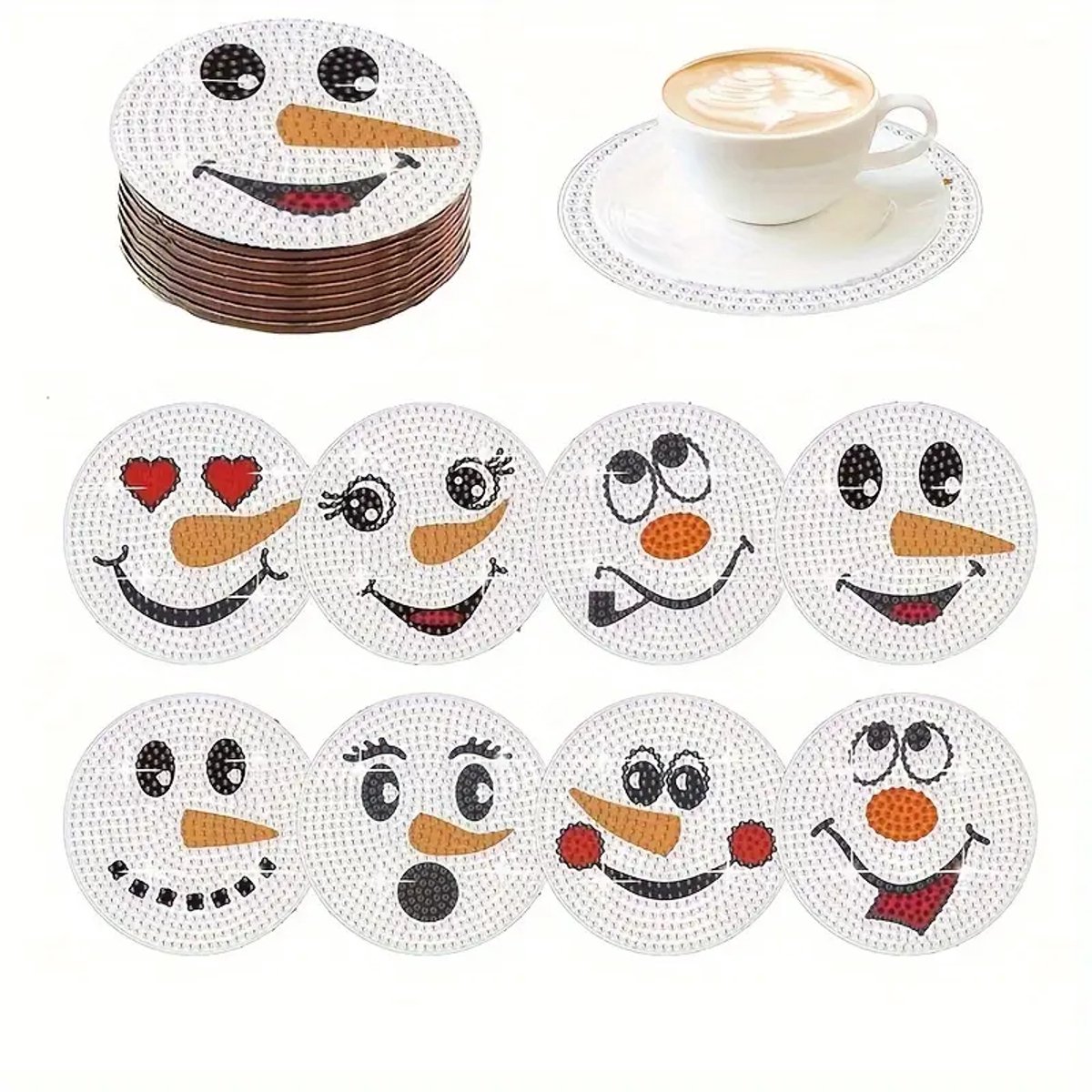 Diamond painting - onderzetters - sneeuwpop - 8 stuks - ronde steentjes - volledig te beplakken