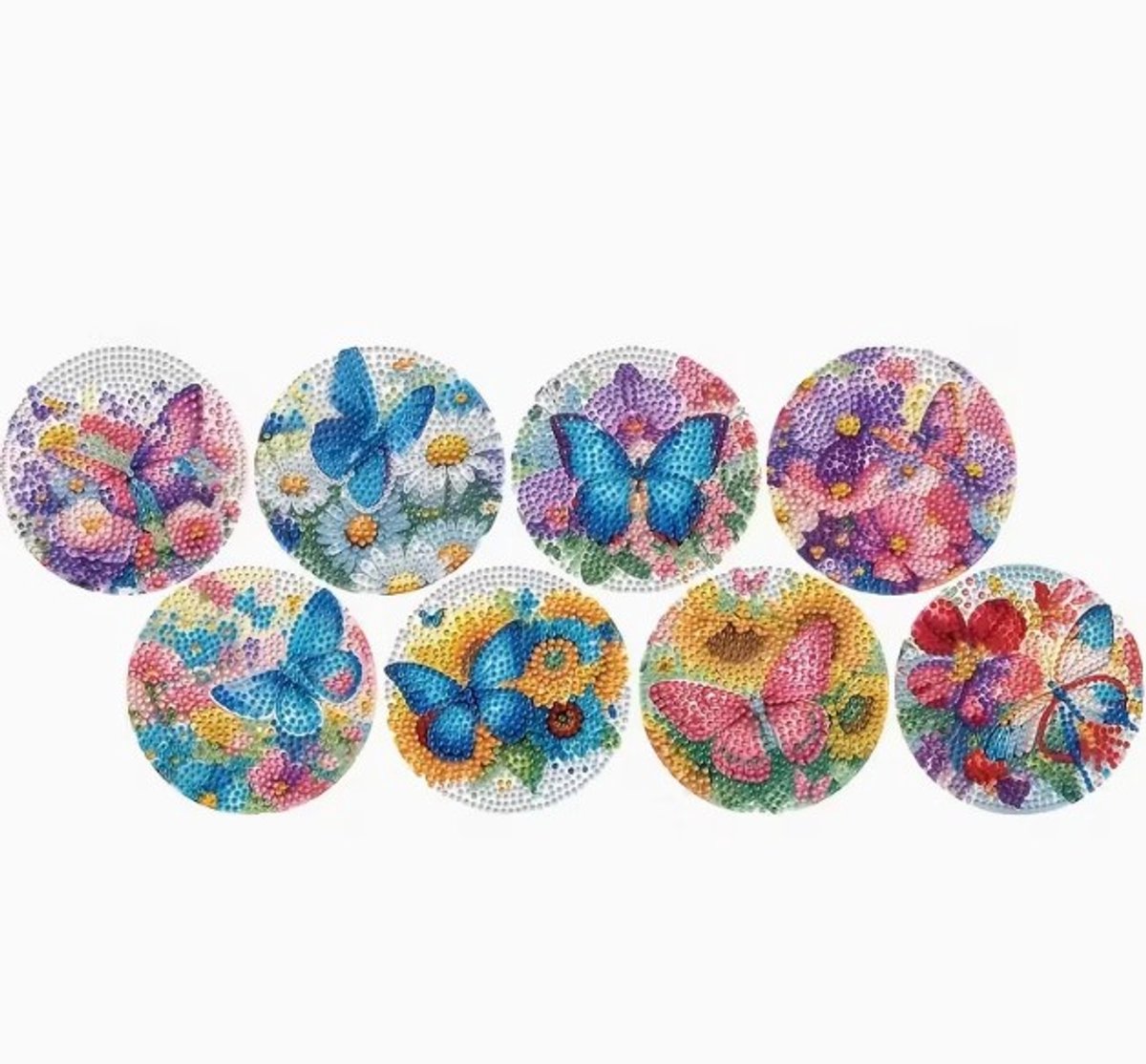 Diamond painting - onderzetters - vlinder - bloemen - 8 stuks - ronde steentjes - volledig te beplakken