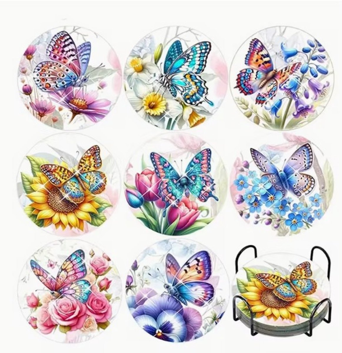 Diamond painting - onderzetters - vlinders - kleurrijk - 8 stuks - ronde steentjes - volledig te beplakken