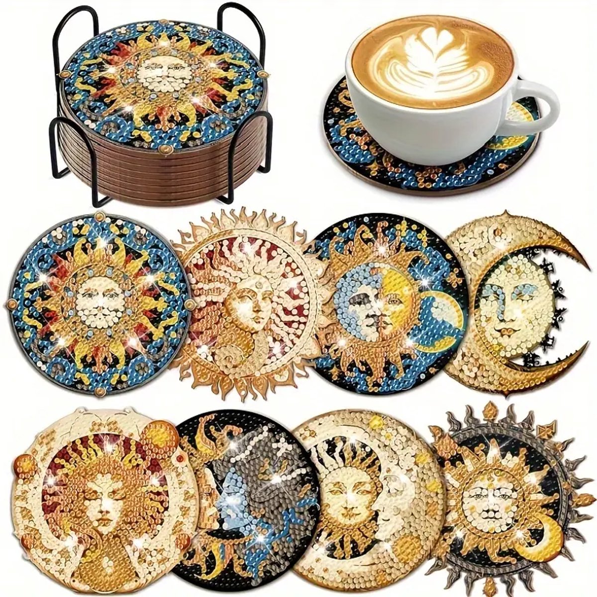 Diamond painting - onderzetters - zon - maan - 8 stuks - ronde steentjes - volledig te beplakken