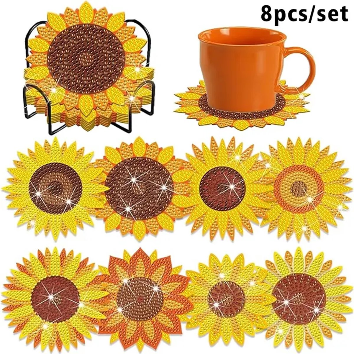 Diamond painting - onderzetters - zonnebloemen - 8 stuks - ronde steentjes - volledig te beplakken
